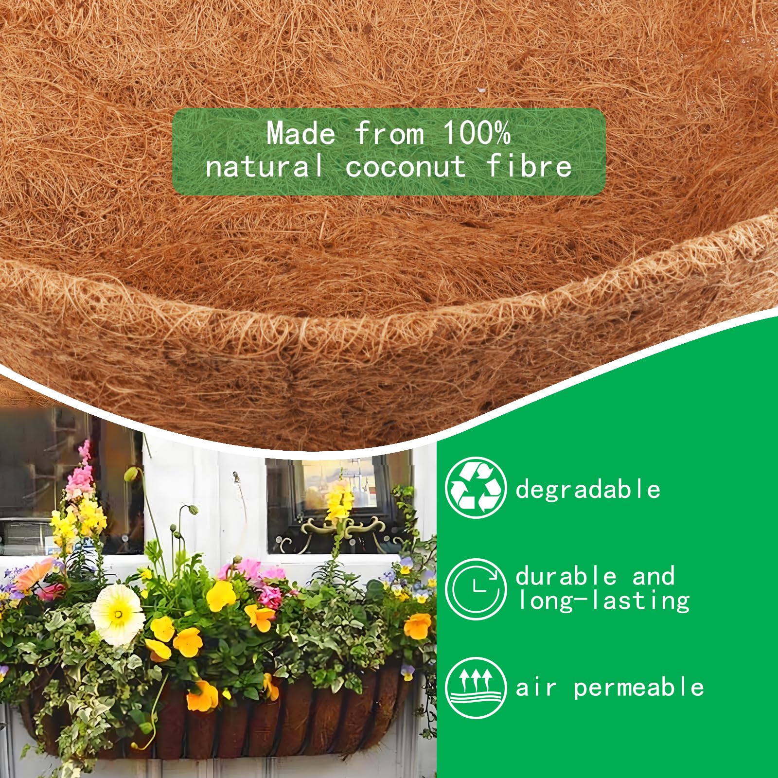 Fengaim Trough Coco Replacement Liners, Coco Fiber Liners for Planters Hanging Basket Liners, Coco Coir Liners Window Box Liners, Wall-mounted Coco Liner for Window Box (2 Pack, 36 Inch) - Image 3