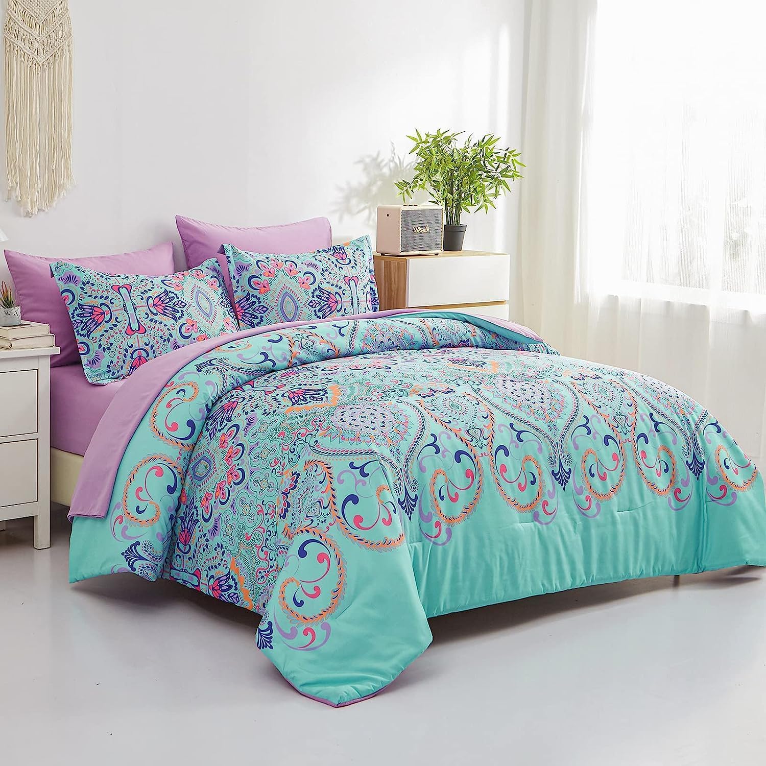 Twin Comforter Set, 5 Piece Bed in a Bag, Boho Aqua and Lilac Damask Medallion Print Comforter with Sheets, Soft Microfiber Complete Bedding Set for All Season (Aqua, Twin) - Image 3