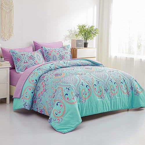 Miniatura 2 de DHSFKBE Juego de edredón a rayas tamaño Queen, cama de 7 piezas en una bolsa, edredón con patrón de retazos a rayas azules y blancas con sábanas,