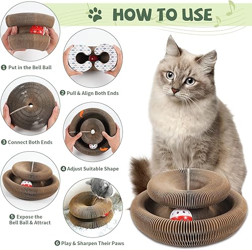 Miniatura 5 de Organlada - Rascador de cartón para gatos con bola de campana, almohadilla plegable para rascar gatos, un juguete mágico para gatos mayordomo, 1
