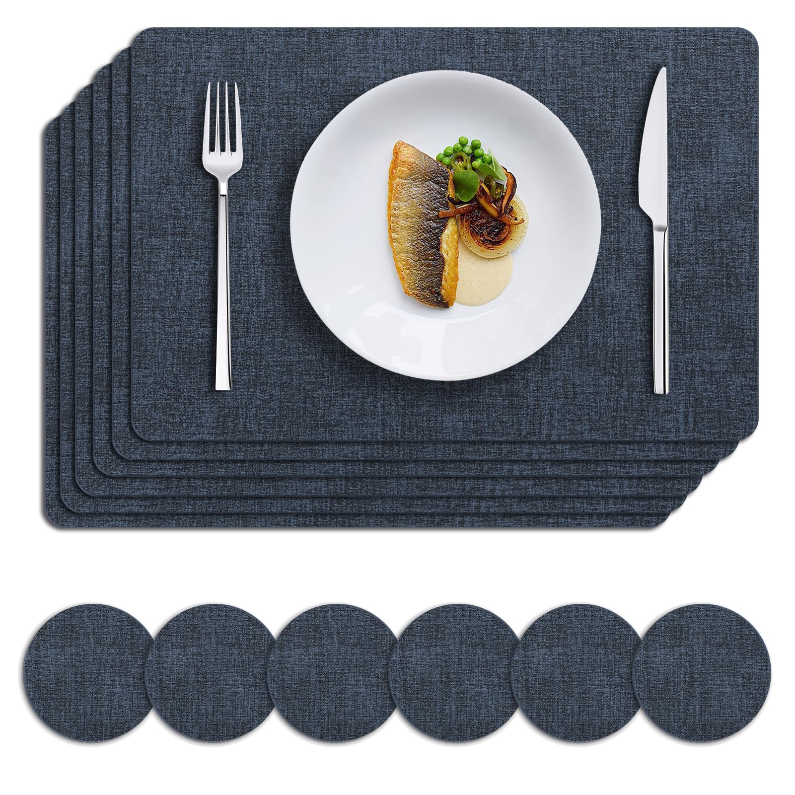 MOSAYT Faux Leather Placemats Set of 6, Heat Resistant Wipeable Washable Vinyl Place Mats with Coasters, Waterproof Oil Proof Table Mats for Kitchen