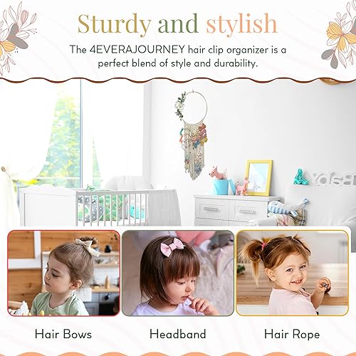 Miniatura 4 de Organizador de lazo para bebé para niñas, lazos para el cabello, clips y diademas - Soporte de arco de macramé bohemio con marco circular de latón