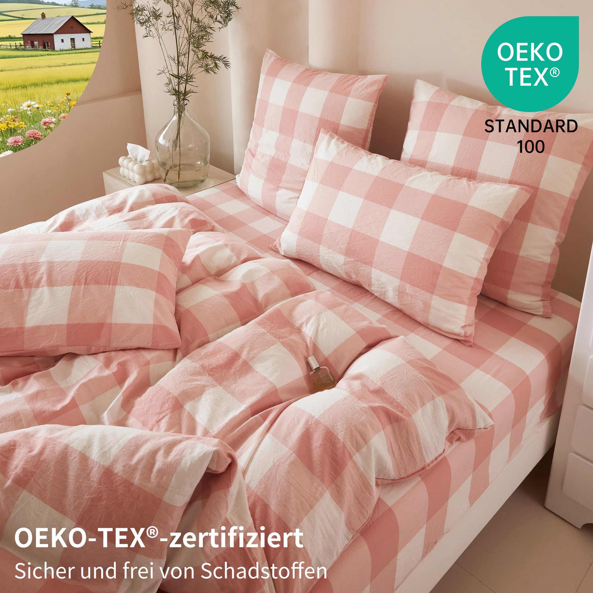 Juego de ropa de cama de 135 x 200 cm, 4 piezas, color rosa y blanco a cuadros, 100 % algodón lavado, suave, transpirable, acogedora, funda nórdica con cremallera y 2 fundas de almohada de 80