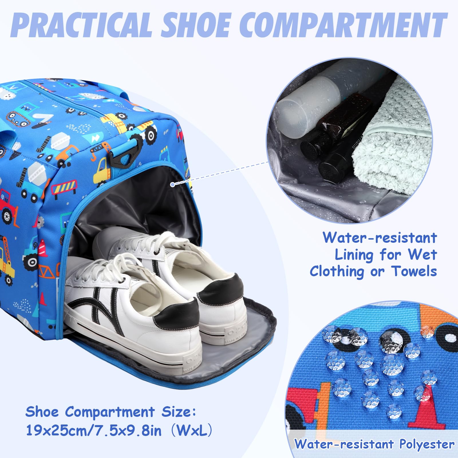 Bolsa de Viaje Infantil, Kasgo Bolsa Deporte Niño Bolsa Danza Niña Ligero Bolso de Fin de Semana con Compartimento de Calzado Impermeable Bolsas de Hombro para Gimnasio Atlético Cámping, Carro Azul