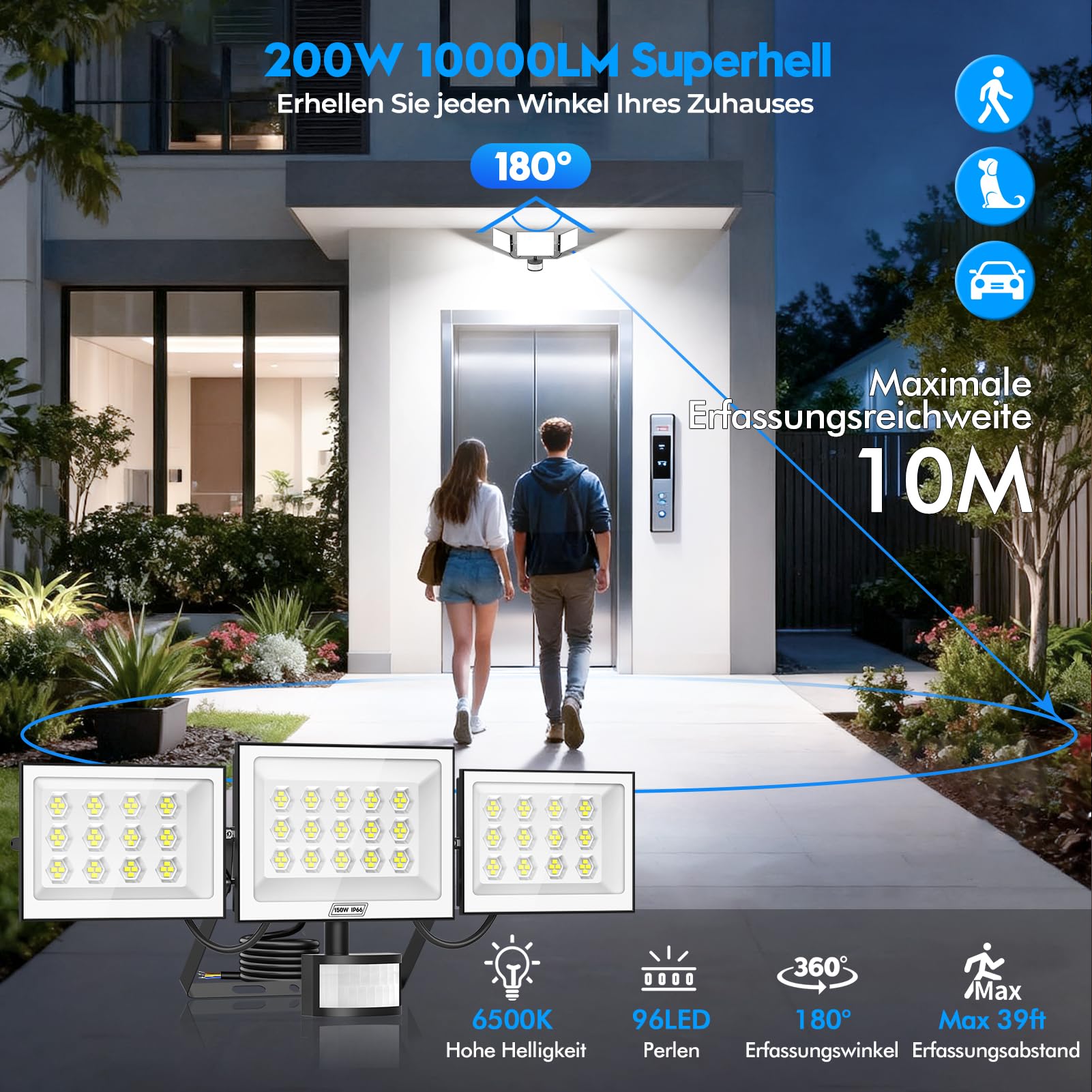 200W LED-Fluter mit Bewegungsmelder & Fernbedienung–216 LEDs,6500K