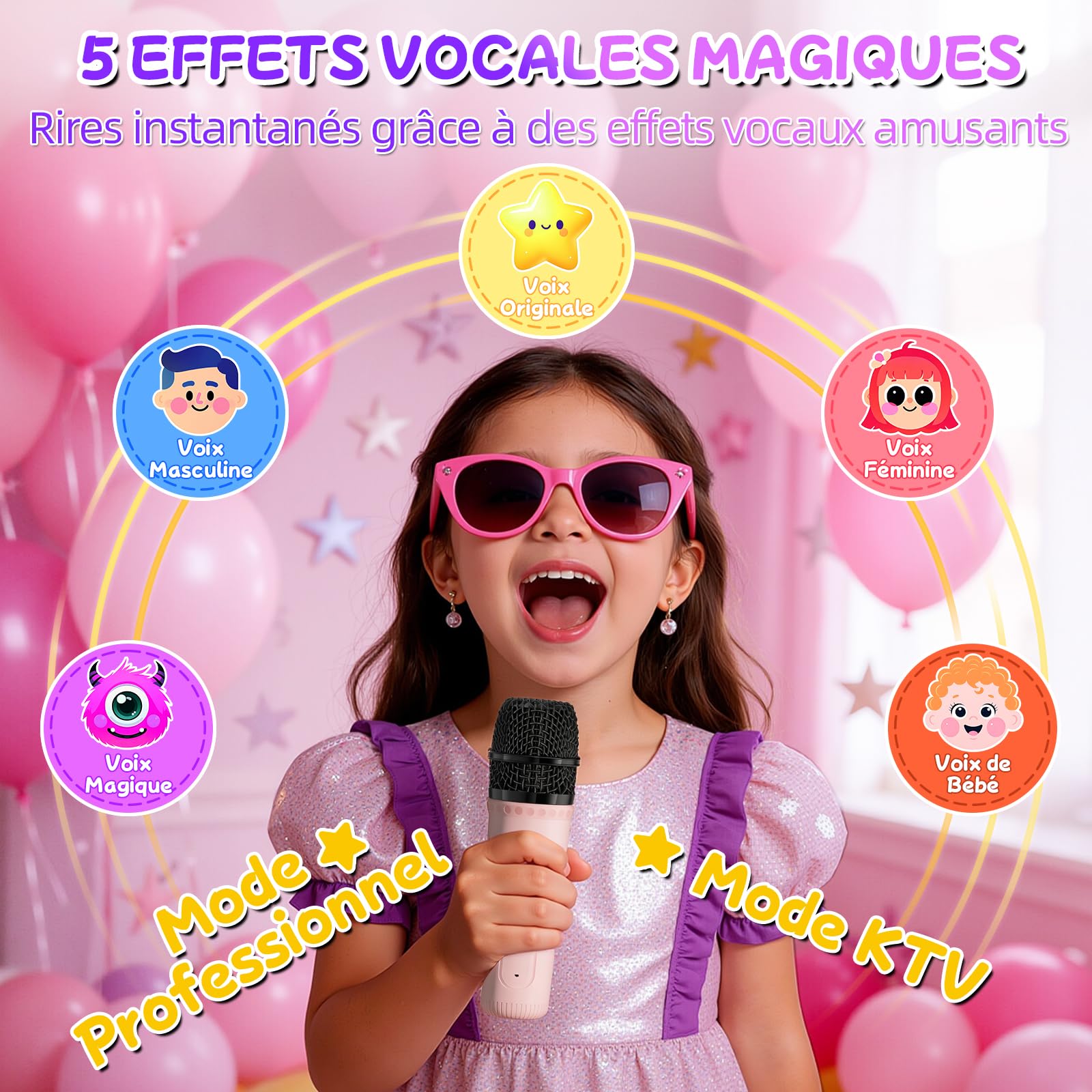 Micro Karaoke Enfant avec 2 Micro sans, 6 Modes D'éclairage avec Effets, Enceinte Bluetooth Portable, Cadeaux d'anniversaire de Noël pour Enfants Jouets pour Enfants 3-12 Ans (Rose)