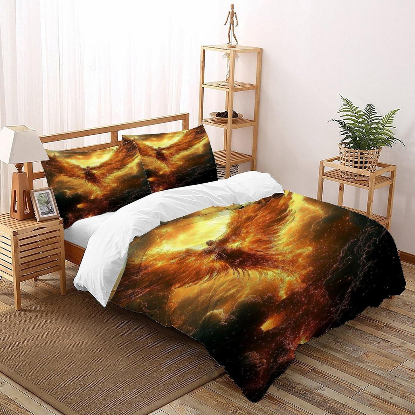 Fire Phoenix Bedding Set 3D Design Gothic Theme Duvet Cover Set Chic Breathable Quilt Cover 3 Pieces Universal for All Seasons Pillowcase Double（200x200cm）