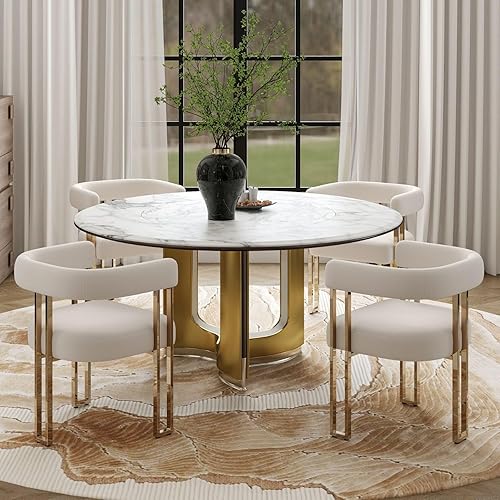 Miniatura 26 de Juego de 4 modernas sillas de comedor blancas Boucle con patas de metal dorado, sillones tapizados de barril de mediados de siglo con respaldo