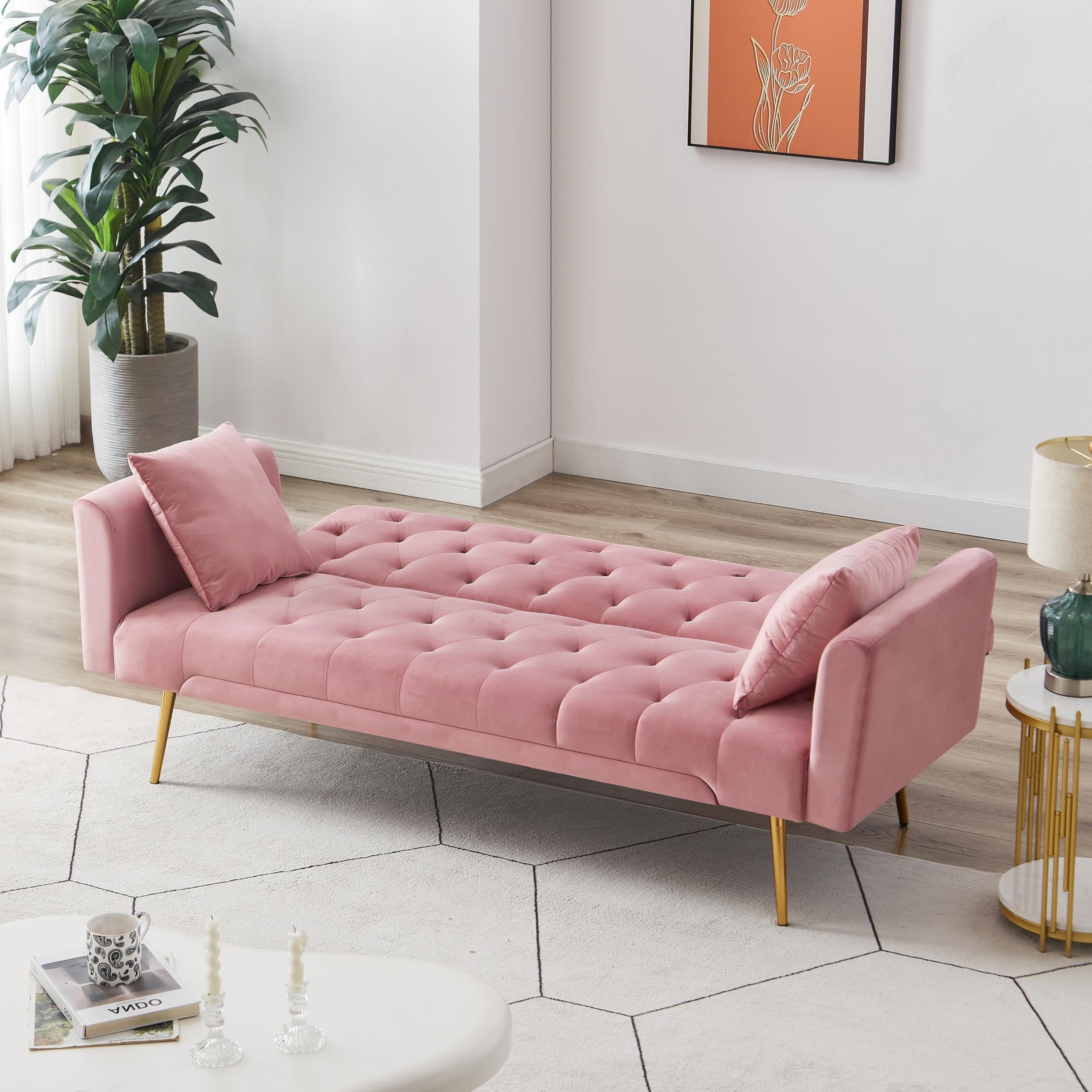 71.65'' Convertible Sofa Bed Modern Futon Set, Velvet Foldable Reclining Loveseat, Three Adjustment Angles,Mid Century Modern Couches for Living Room/Bedroom/Apartment, Easy Assembly,Pink