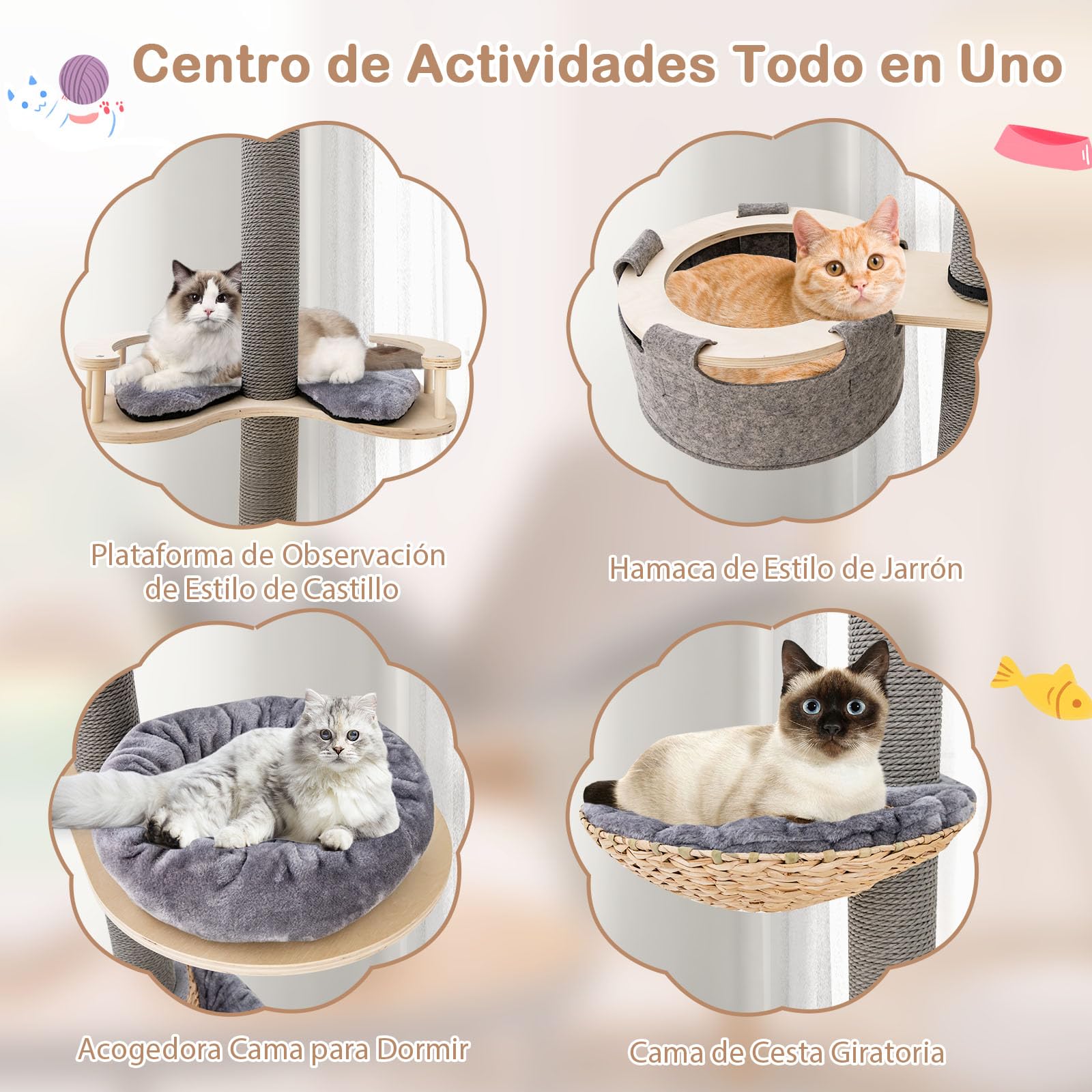 GOPLUS Árbol de Gato de Suelo al Techo, Altura Ajustable 236-271 cm, Grande Árbol de Gato de 5 Niveles con Poste Rascador Trampolín Cama Tipo Cesta Hamaca
