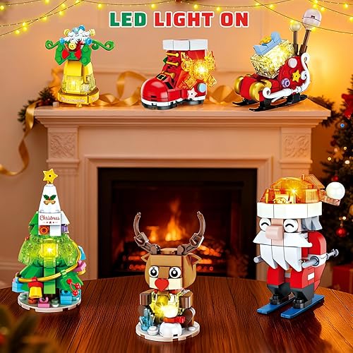 Miniatura 5 de Juego de adornos de Navidad con luz LED, 6 paquetes de botas de árbol de sants de Navidad, gingerbell reno y trineo, juguetes de construcción,
