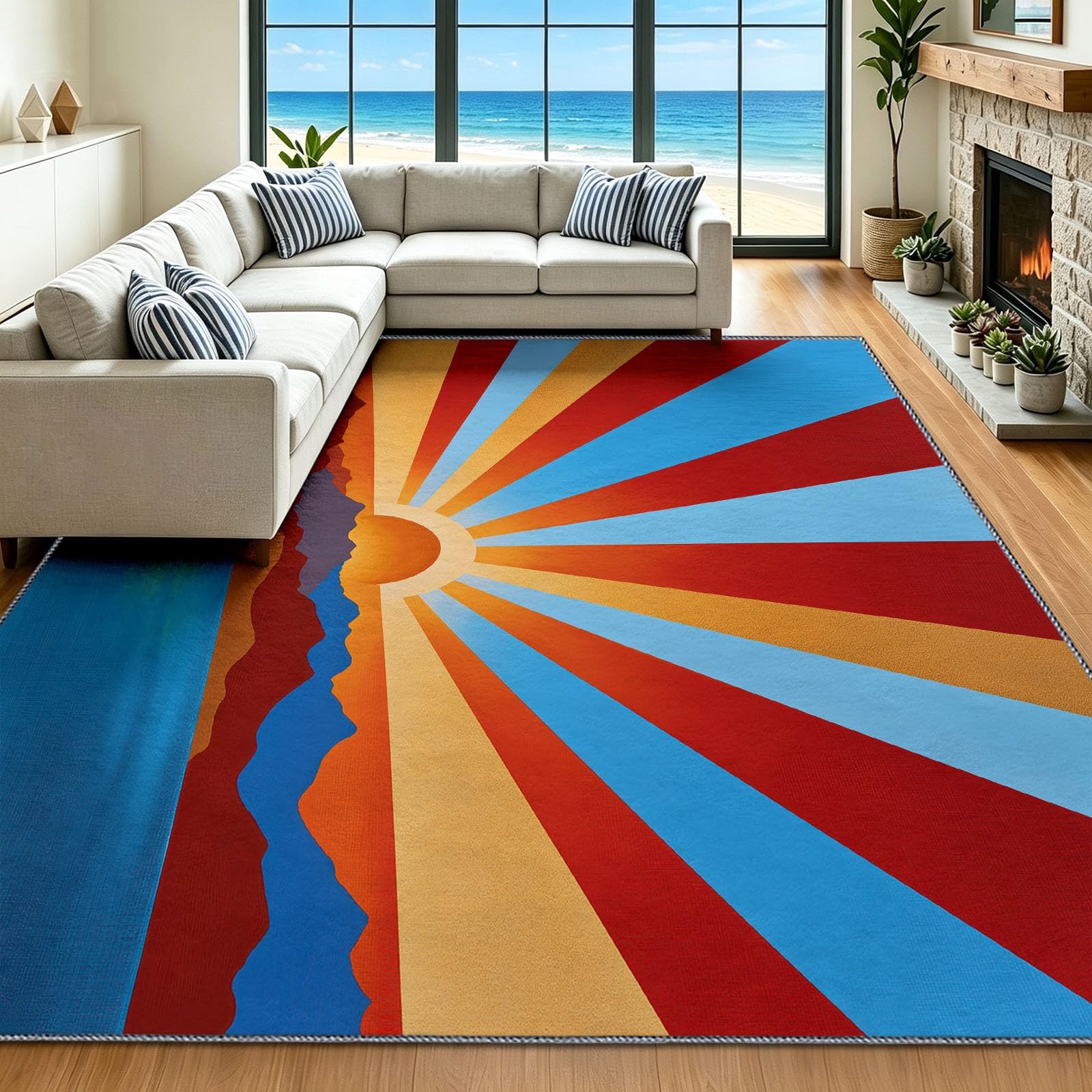 Alfombra pequeña 150 x 210 cm con diseño de rayos de sol pintada minimalista lavable