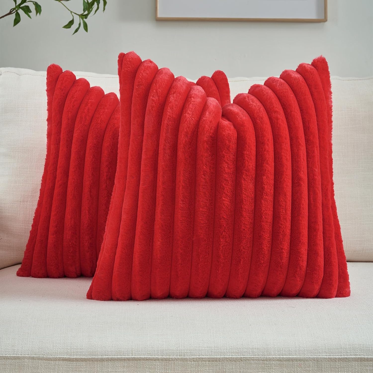 futei christmas red throw pillow covers set of 2, 26x26 inch striped texture euro pillow shams with soft faux rabbit fur front & velvet back, modern decorative couch pillows for living room
