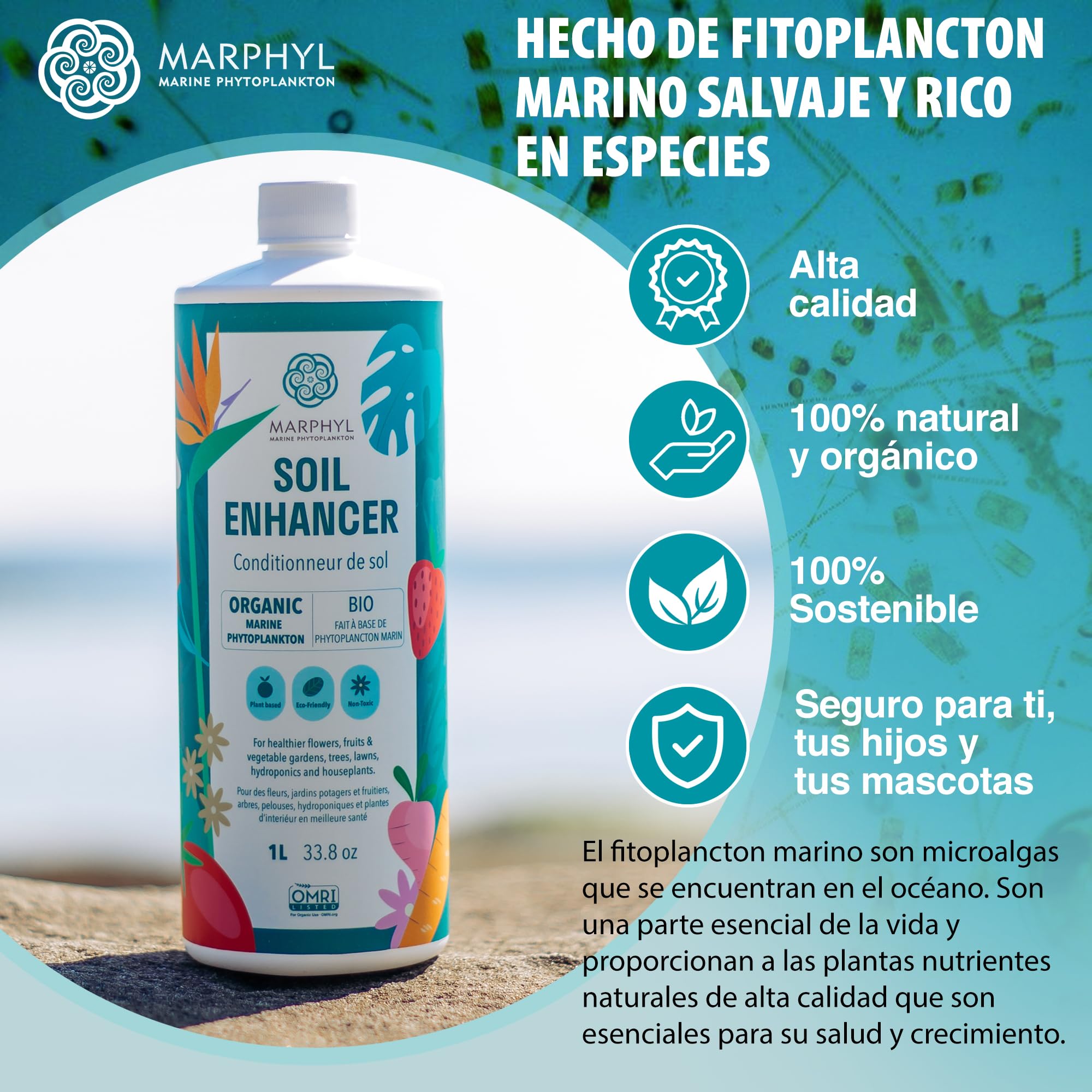 MARPHYL Fertilizante Líquido Orgánico - Fertilizante Plantas Interior y Exterior - Alimento Nutritivo para Plantas - Potenciador del Suelo para Jardín, Flores, Verduras, Suculentas, Bambú, Hidroponía