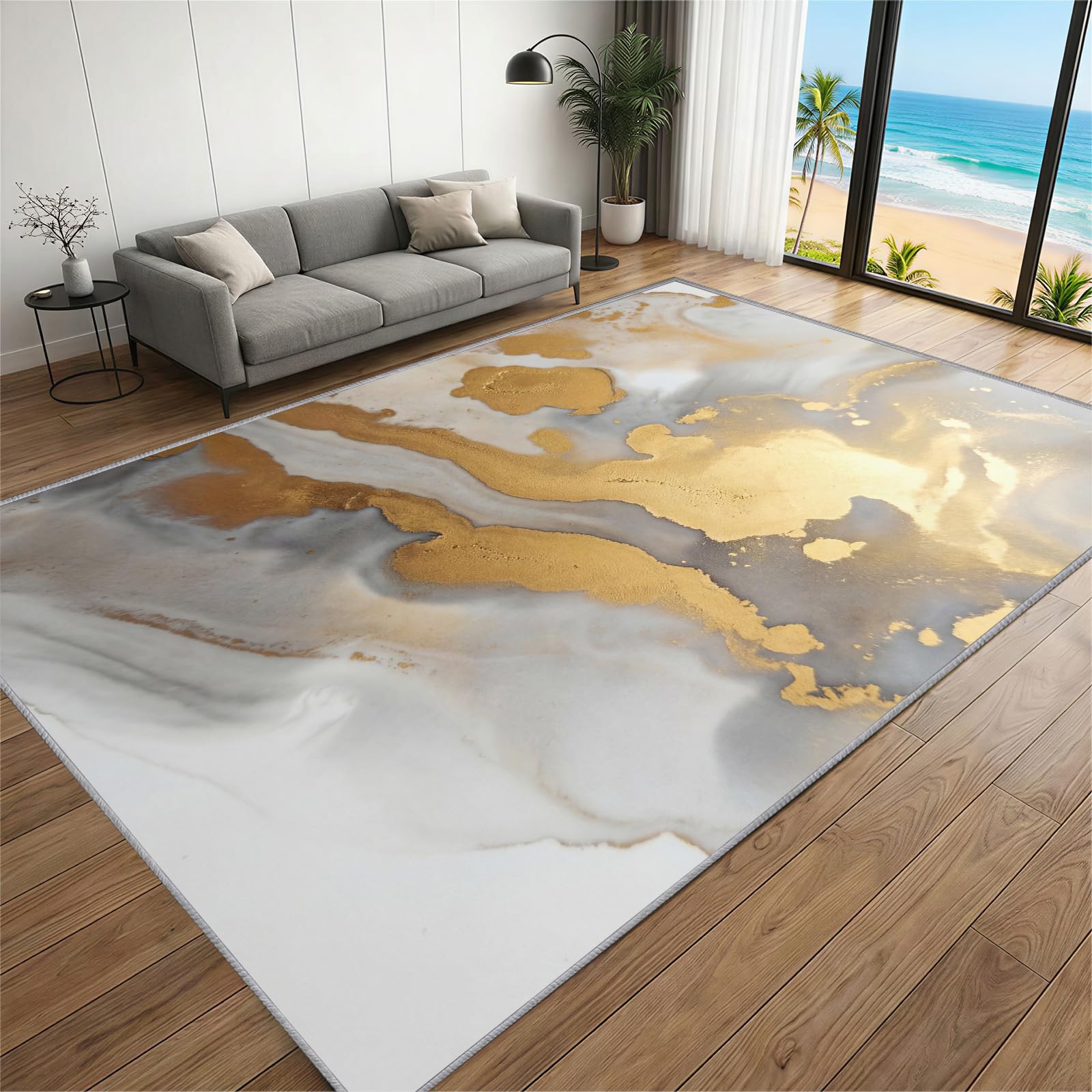 BEQUTIY Golden Marble Area Rugs, Abstract Luxe Rug 180 x 240 cm, Plush Neutral Golden White Carpet Stain Resistant for Machine Washable Non Slip Carpet, for Dining Room, Bedroom Fireplaces