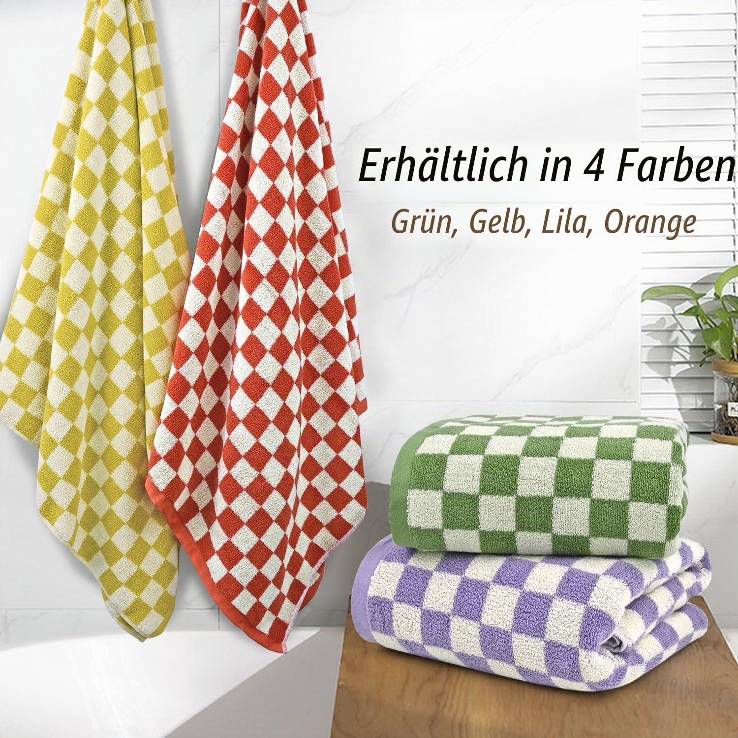 Jacquotha Duschtücher für Badezimmer, 70 x 140 cm, schnell trocknend, weiches Handtuch (2er-Pack), niedliche Handtücher, kariert, 520 g/m², saugfähige Baumwollhandtücher