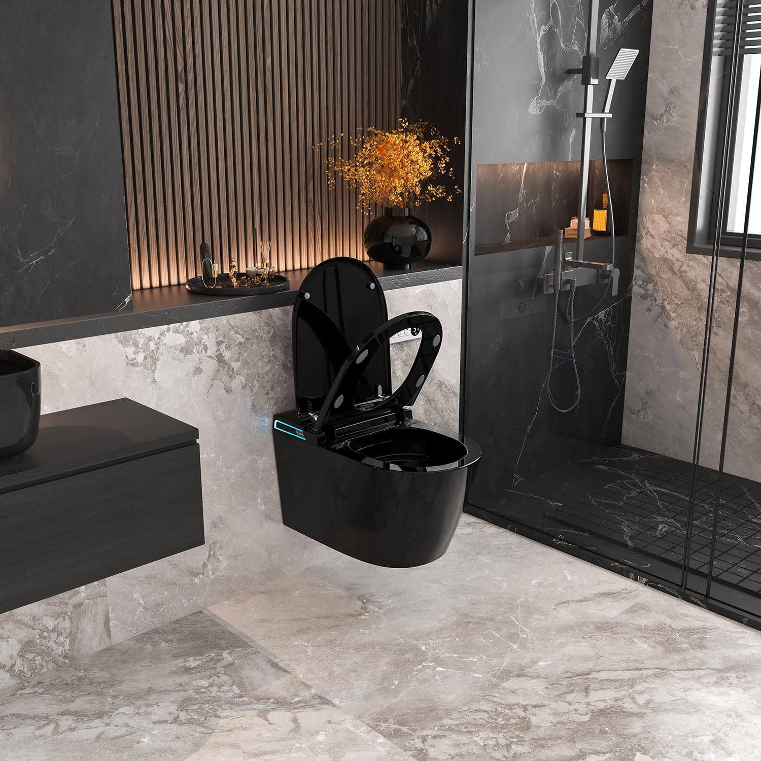 Smart WC nero da appendere alla parete, scarico automatico, coperchio con apertura e chiusura automatica, sedile riscaldato, acqua calda/asciugatrice, moderno bidet allungato con supporto a