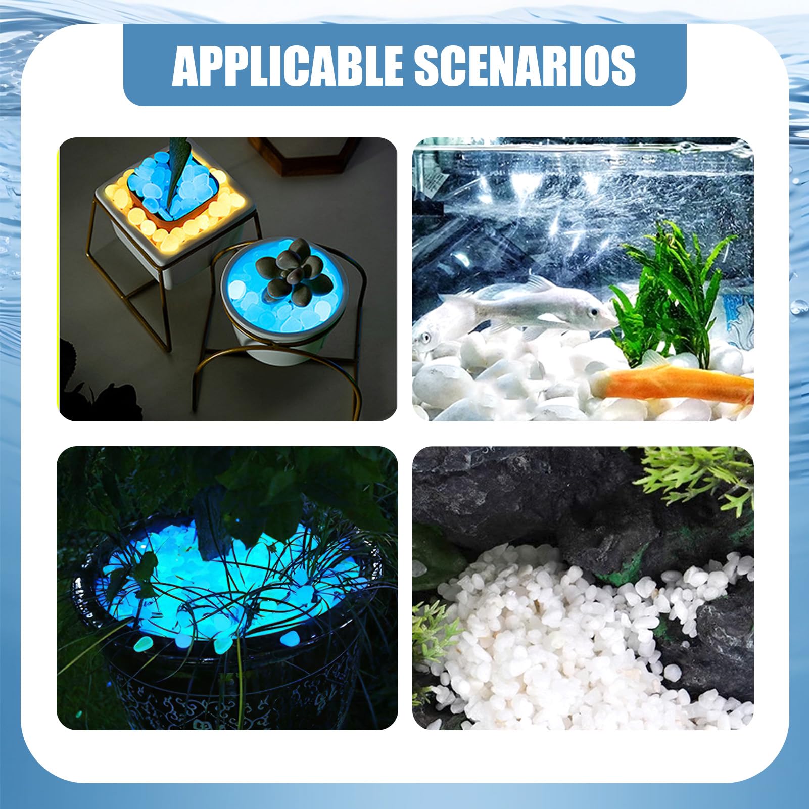 Pietre Luminose Bianche per Giardino e Acquario, 300 Ciottoli Fluorescenti, Decorazione Esterna, Pietre Luminose Ecologiche ed Energeticamente Efficienti