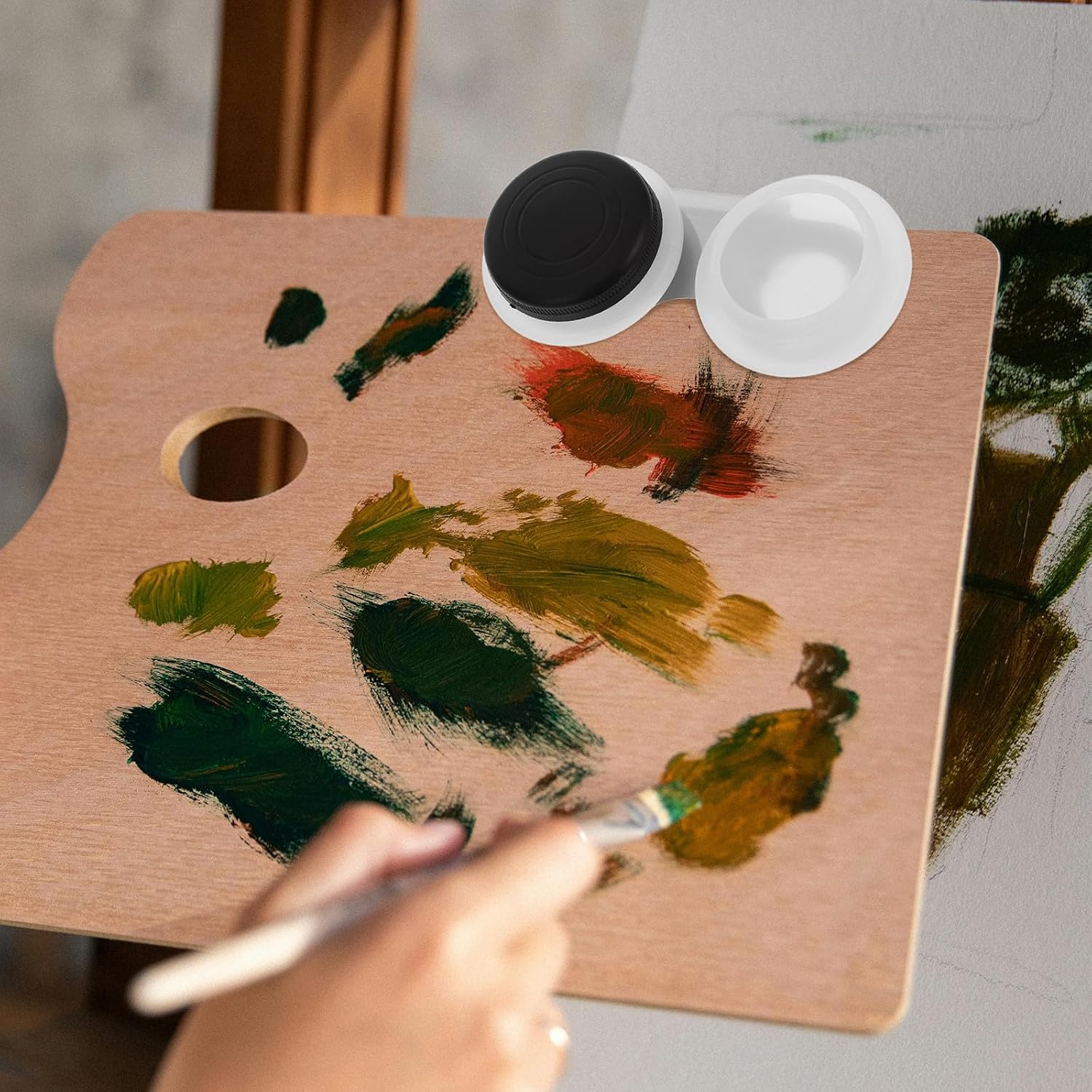 GETAJGHSD Dual Palette Cup with Lid for Oil Painting Artists, Portable Plastic Paint Mixing and Brush Cleaning Container, Professional Oil Painting Supplies for Drawing and Pigment Mixing