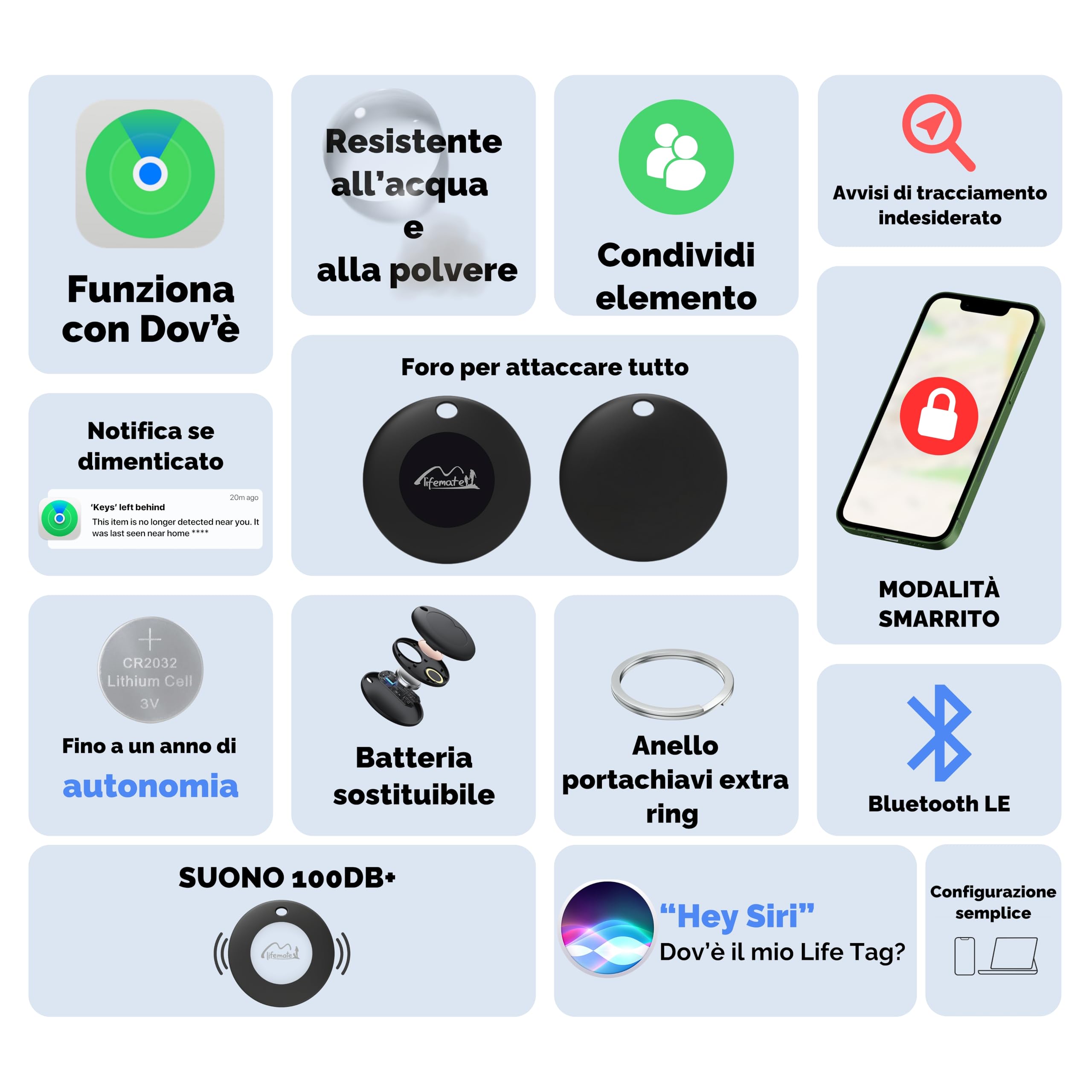 Lifemate Life Tag 8-Pack Tracker Bluetooth Compatibile con Apple iOS, Funziona con App “Dov’è”, Localizzatore per Chiavi, Portafogli, Valigie e Zaini, Impermeabile IP67, Batteria Lunga Durata