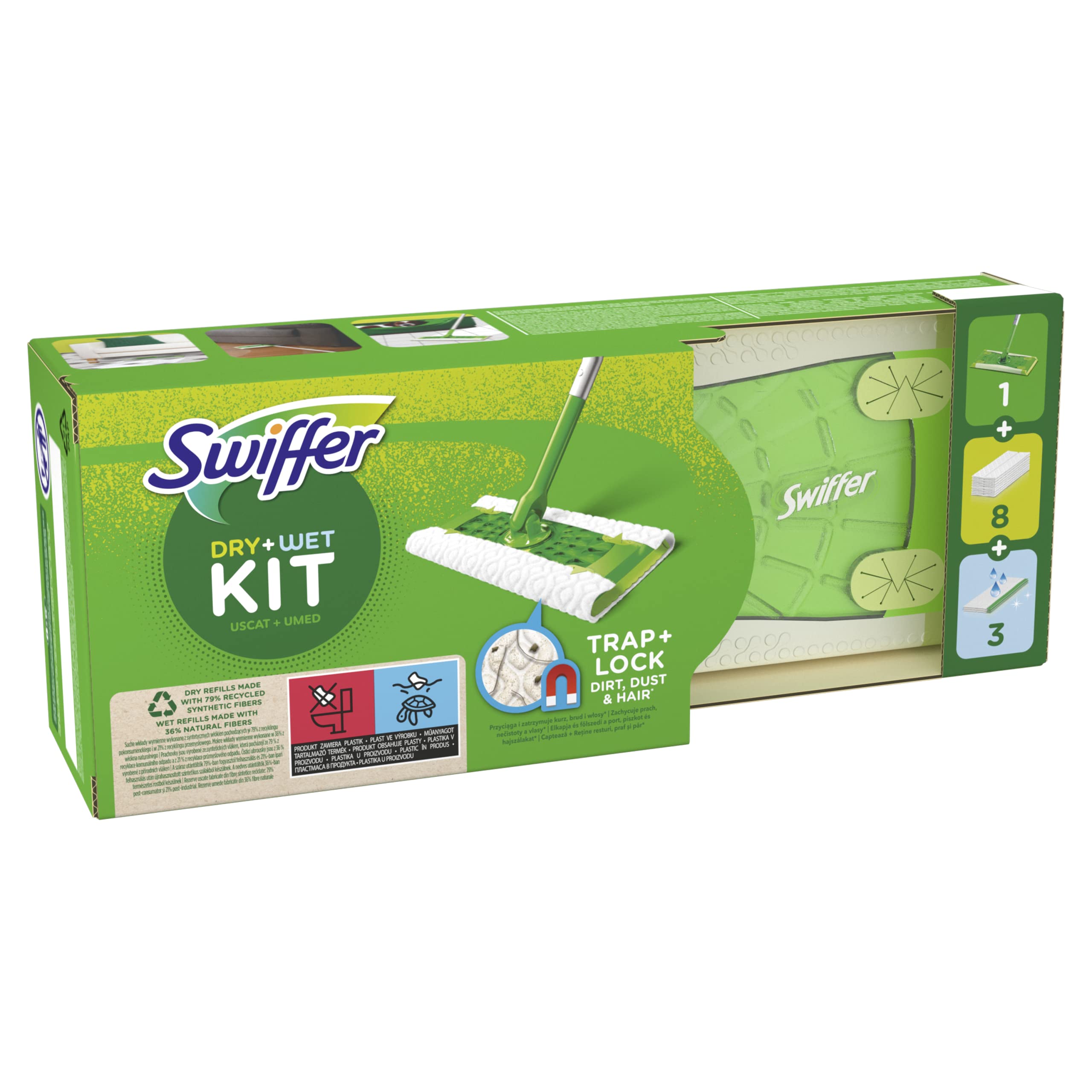 Swiffer Kit di avviamento con mocio + 8 panni asciutti per la raccolta della polvere + 3 salviette umide per pavimenti