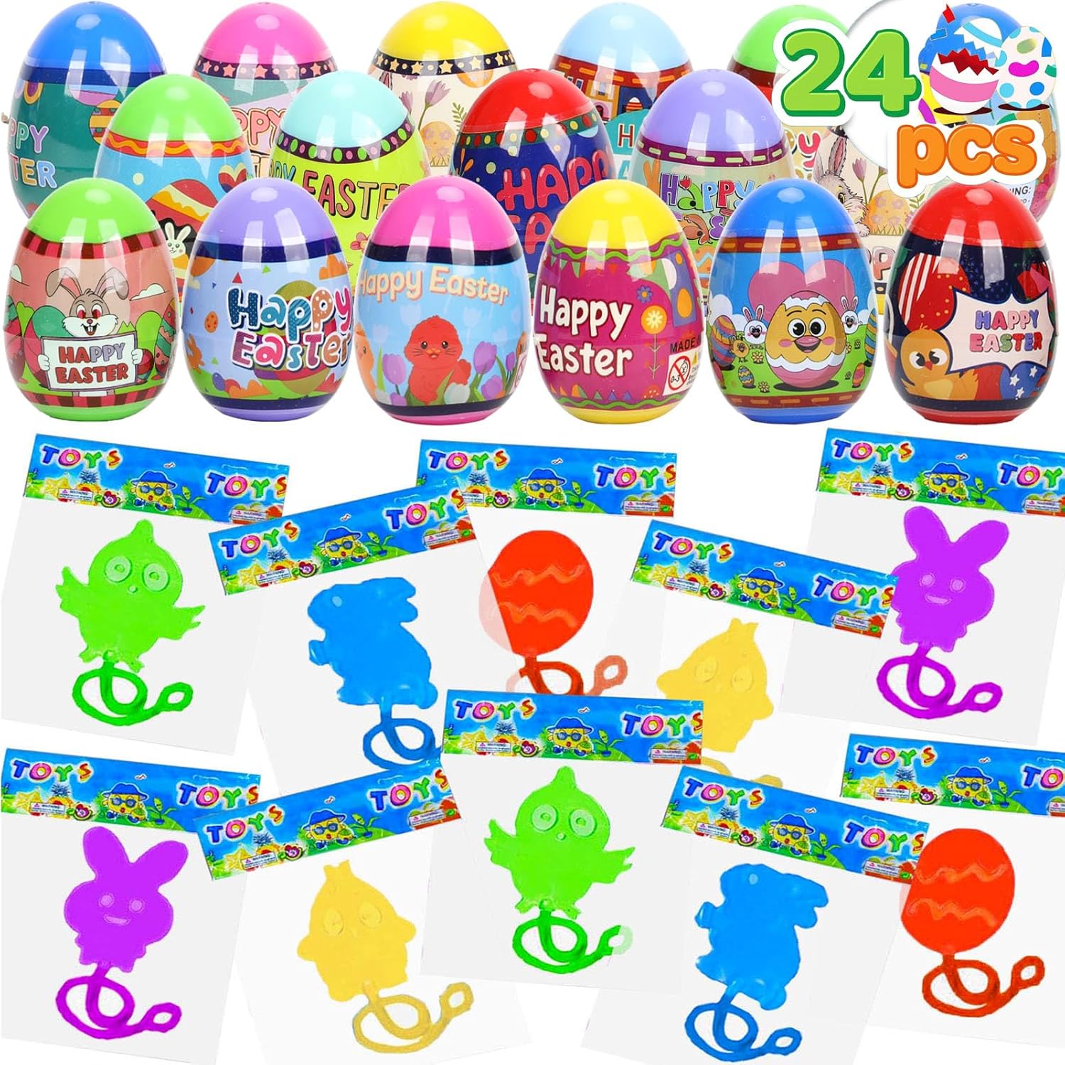 VOMAOK 24pcs Prefilled Easter Eggs with Easter Sticky Hands Toy Inside for Kids Boys Girls Easter Basket Stuffers,Eggs Hunt ,Party Favors