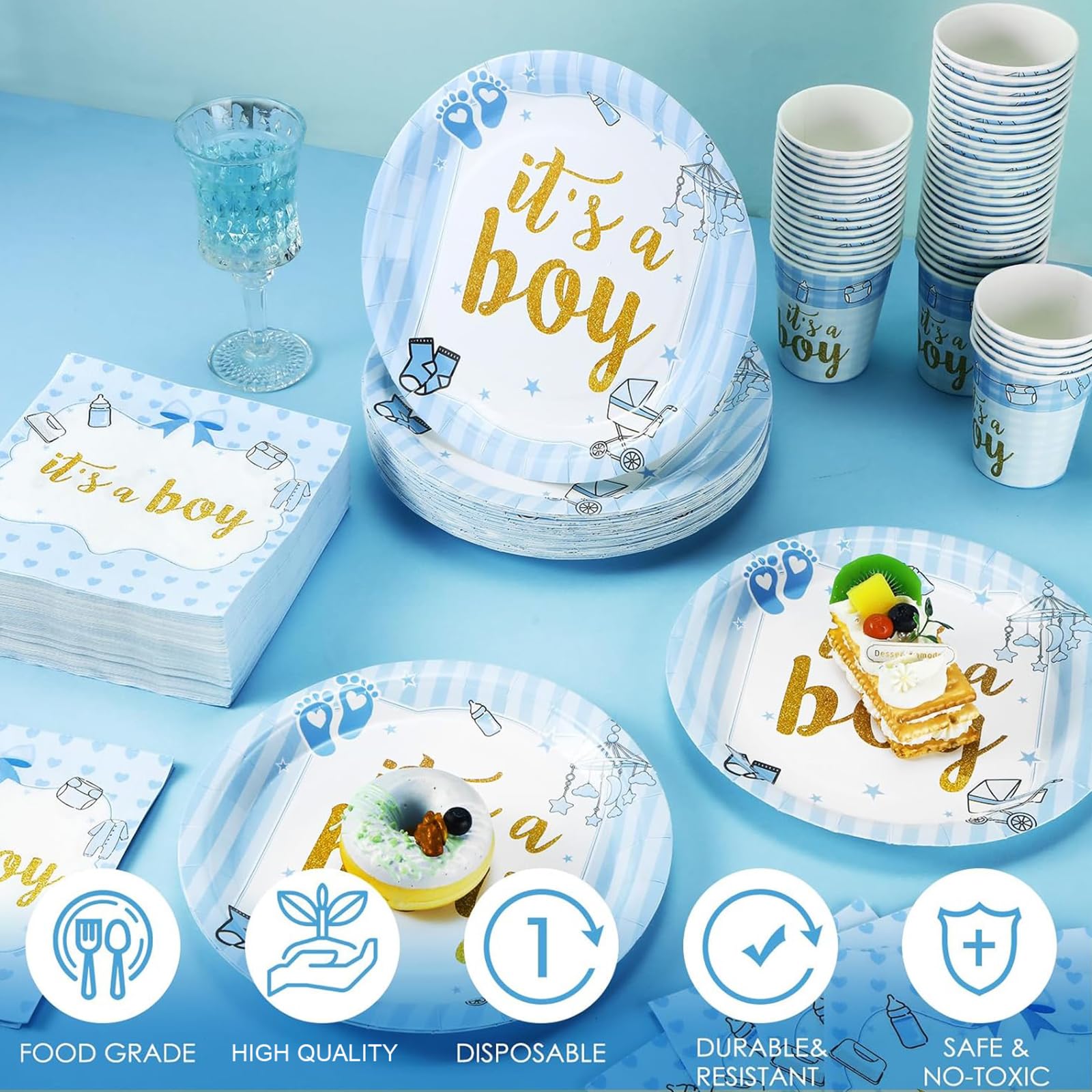 Lot de 200 assiettes en papier jetables bleues pour fête prénatale pour 50 invités garçons décoration de fête printanière