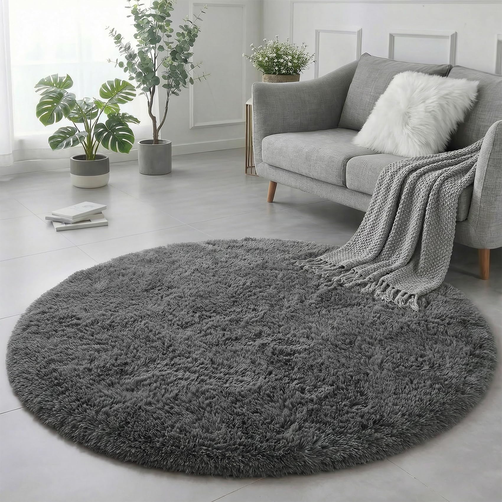 Grey Round Rugs 4Ft for Living Room Bedroom, Fluffy Fuzzy Shag Shaggy Circle Area Rug for Kids Room Home Office Decor Aesthetic, Furry Soft Plush Indoor Floor Gray Carpet for Baby Nursery Preppy Dorm