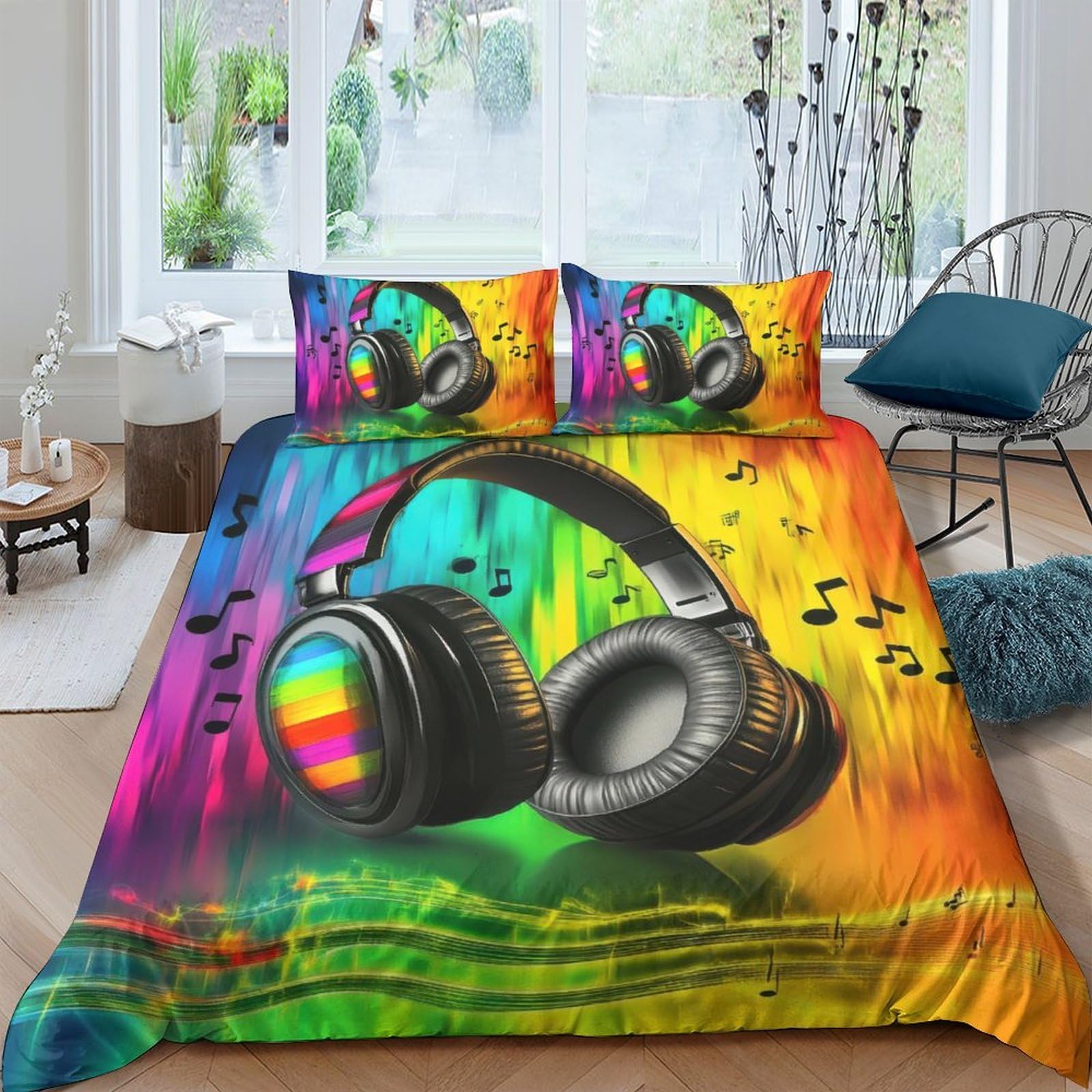 Ctjqhvkz Style-2 3D Printed Colorful Headphones Fitted Sheet Microfiber Anti-Slip Bedroom Bed Cover Music Notes Decor For Home Dorm Single（135X200cm）