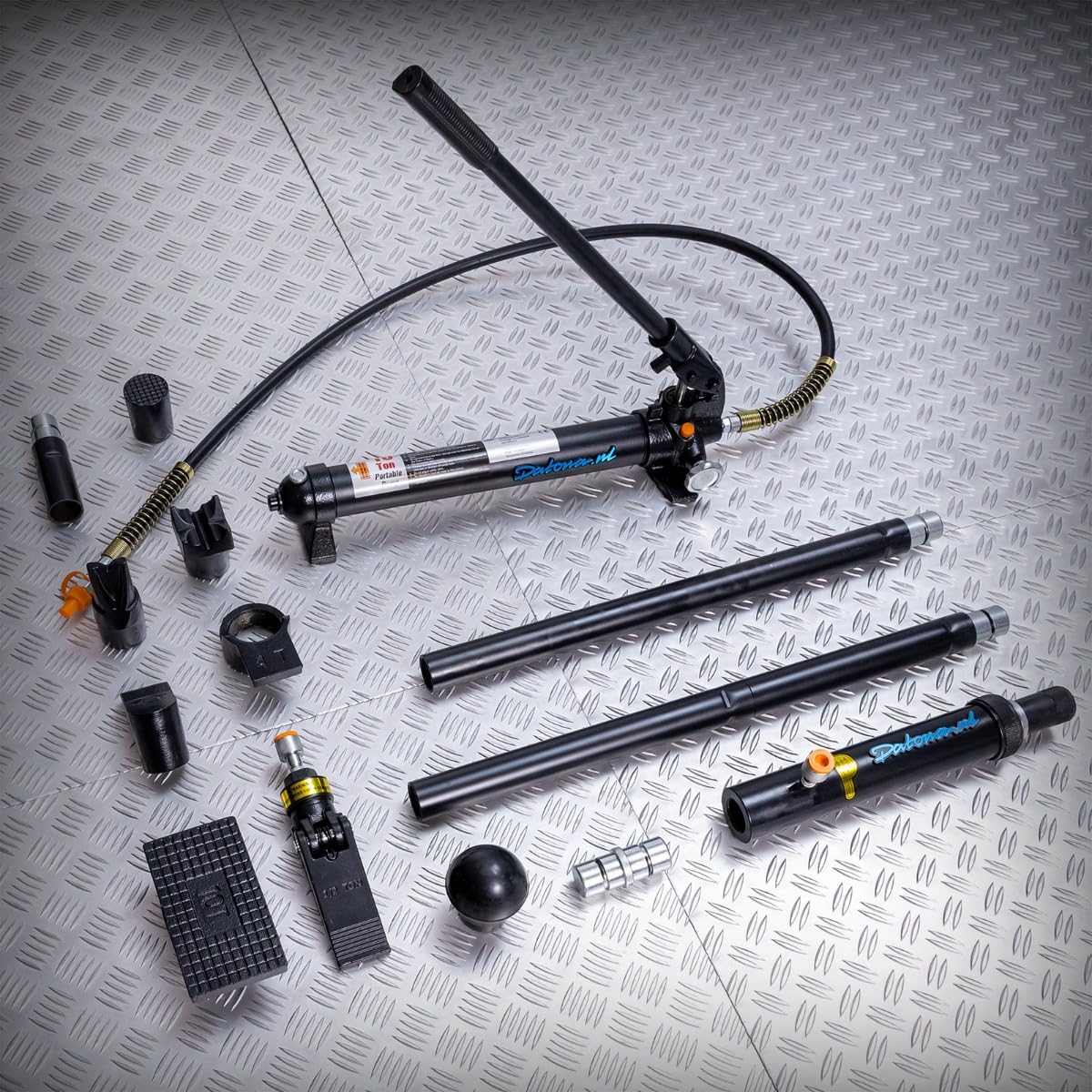 Hydraulisches Ausbeulset 10 Tonnen - Komplettes Dellen Reparaturset Auto mit Pumpe, Schlauch & Aufsätzen im Koffer - Ausbeulwerkzeug Karosserie mobil mit Rädern