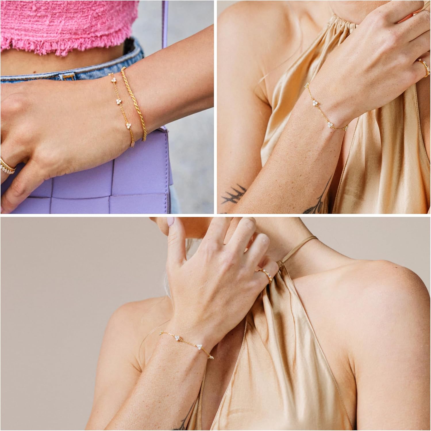 Stack Dainty gold Plated Bracelets Set for Women Trendy Tarnish Stackable Pack Layered 14K Rope Chain Zirconia Bracelet Stacking Small Adjustable Stacked Simple Thin Vintage Jewelry Gifts - Image 3