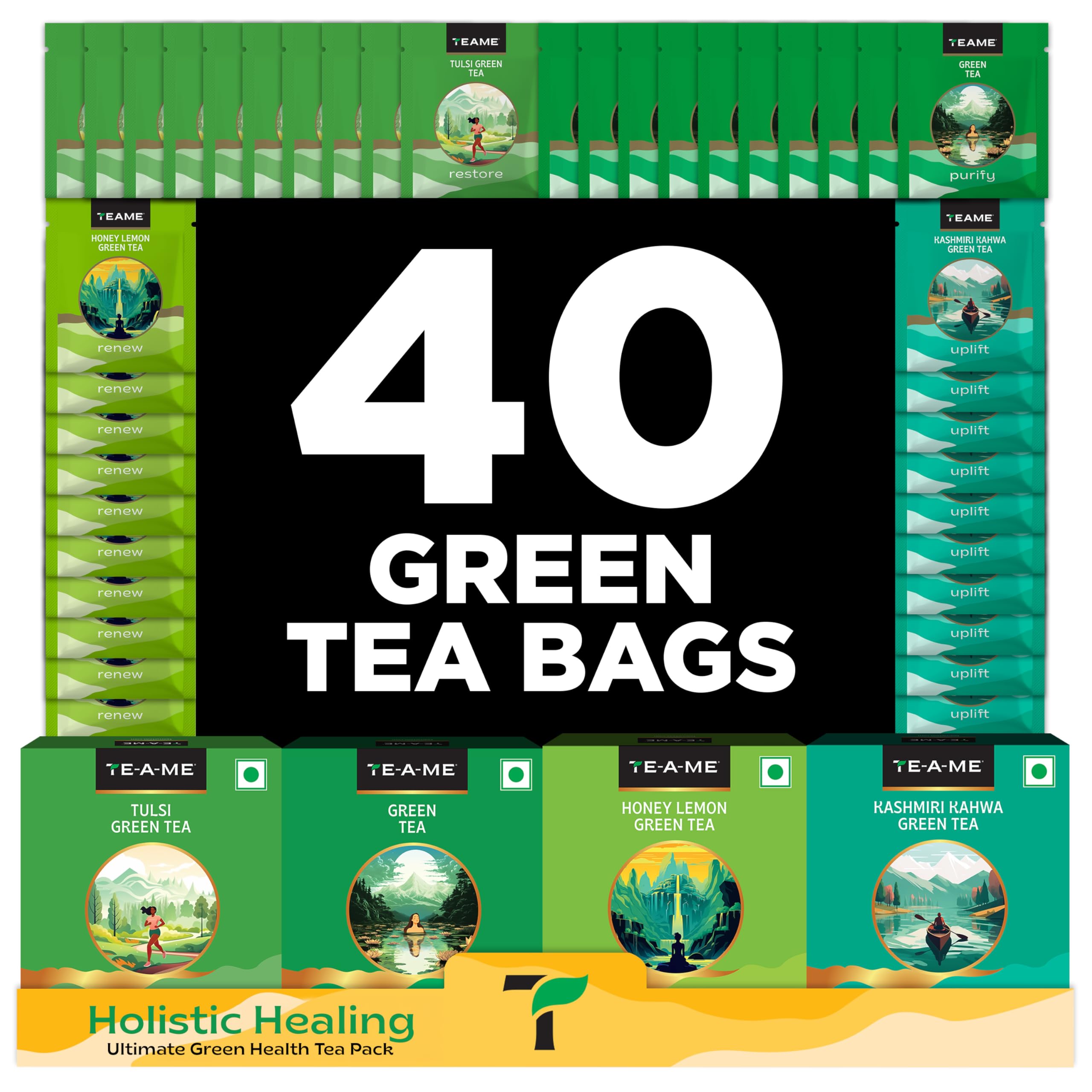 TE-A-ME Assorted Green Tea Bags 40 Pcs,60 Gram,Kashmiri Kahwa,Tulsi,Green,Honey Lemon | Best Choice For Tea Gifting