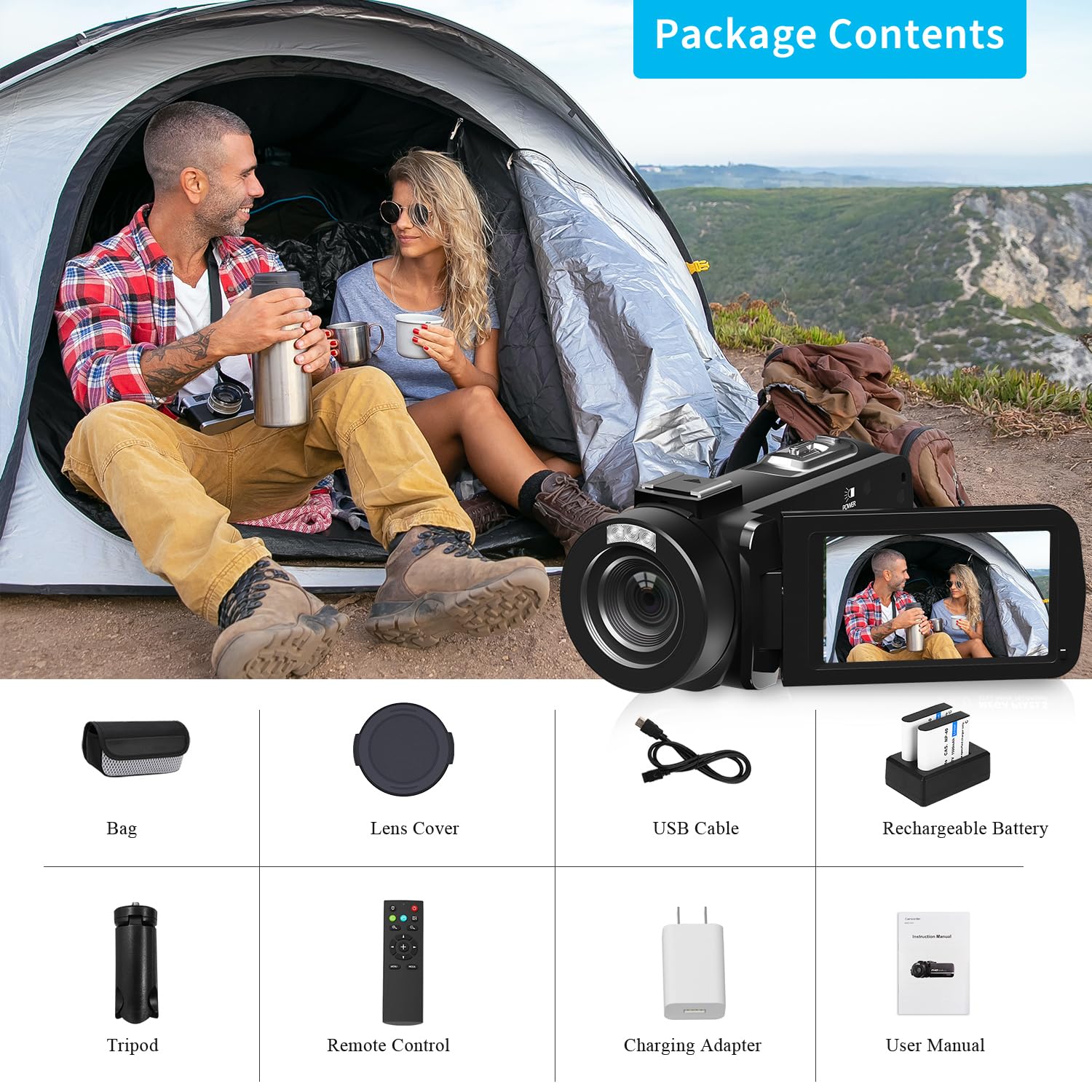 Video Camera,  Camcorder 48MP 15FPS UHD WiFi Vlogging Camera with IR Night Vision for YouTube, 3" Touch Screen 18X Digital Zoom, with Fill Light, Mic, Stabilizer, Lens Hood, Remote and 2 Batteries: 1080P-Black