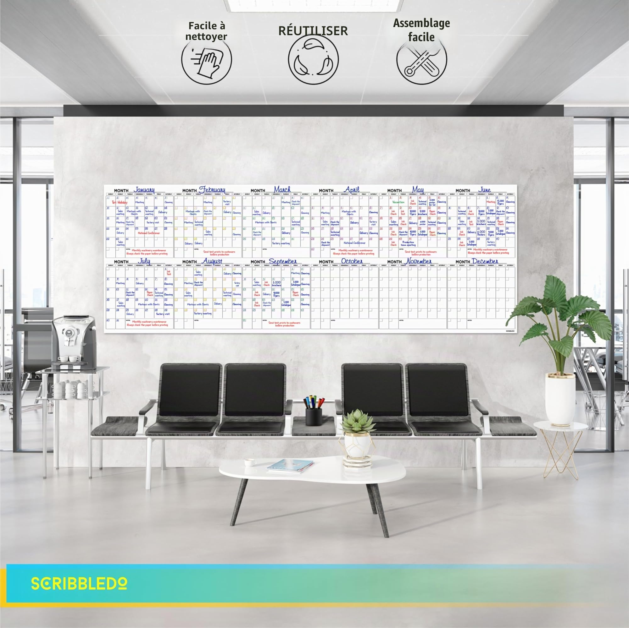 Scribbledo Calendrier annuel géant effaçable à sec 254 x 91,4 cm 12 mois Calendrier mural réutilisable Comprend 4 marqueurs 1 gomme et ruban de fixation