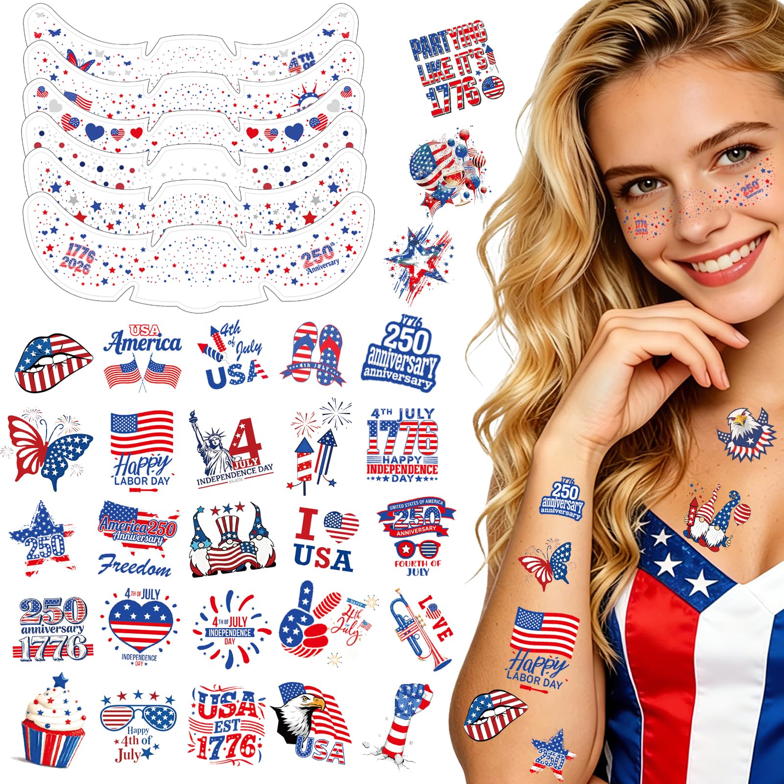 4th of July Glitter Freckles Face Tattoo 6Pcs & Patriotic Temporary Tattoos Stickers 50Pcs,250th Independence Day Accessories,Red White Blue Face & Body Fake Tattoo Kit for Adult,Kids,Women Makeup