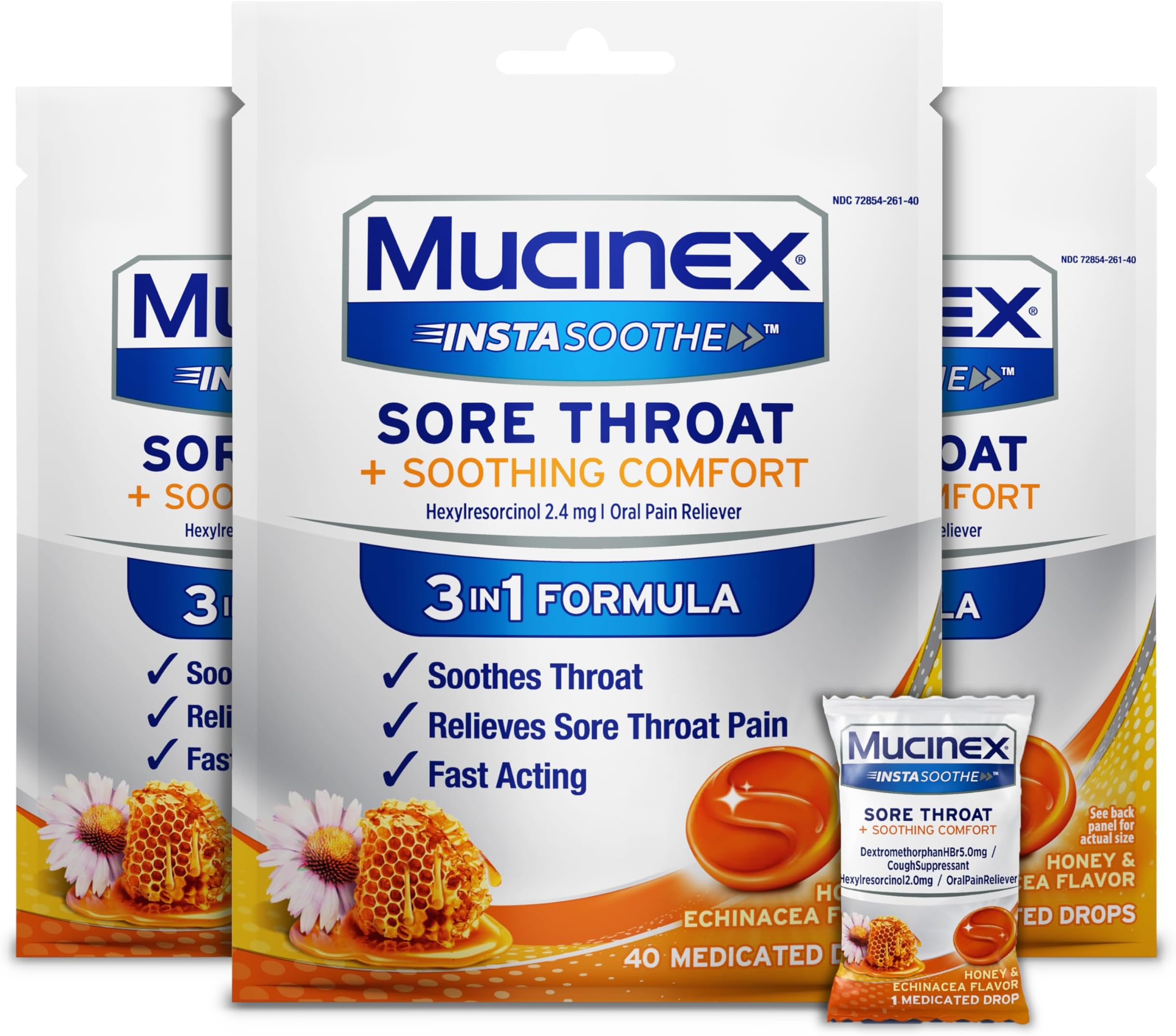 Mucinex Instasoothe Sore Throat Relief Drops, Sore Throat Lozenges, Sore Throat Medicine with Hexylresorcinol, Cough Drops Alternative, Honey & Echinacea Flavor Medicated Numbing Throat Drops, 40 ct
