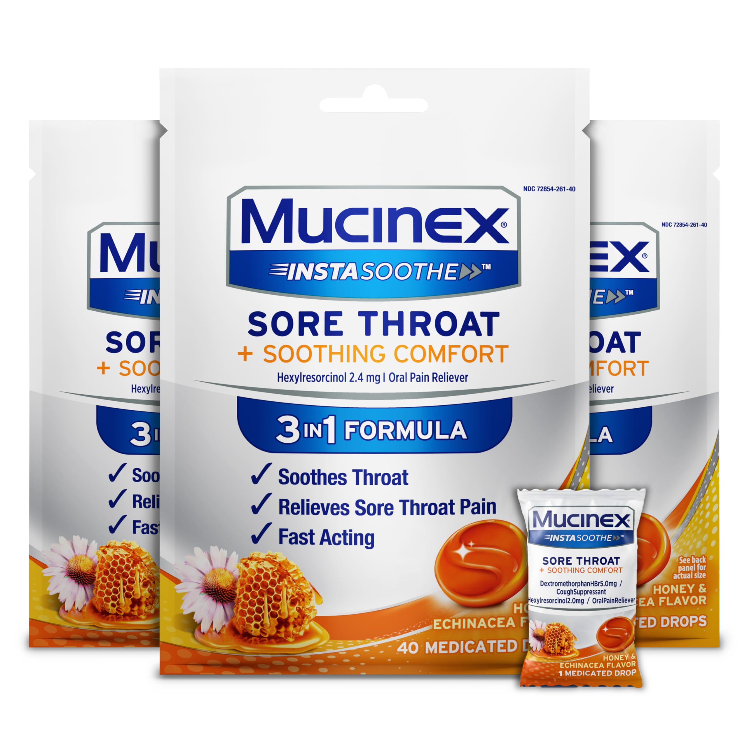 Mucinex Instasoothe Sore Throat Relief Drops, Sore Throat Lozenges, Sore Throat Medicine with Hexylresorcinol, Cough Drops Alternative, Honey & Echinacea Flavor Medicated Numbing Throat Drops, 40 ct