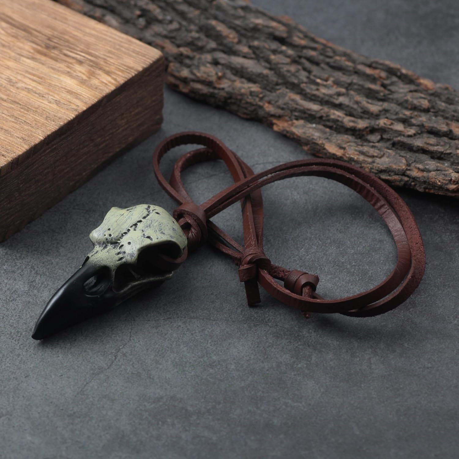 GuoShuang Viking Raven Skull Necklace for Men Women, Crow Skull Pendant on Adjustable Leather Cord, Gothic Halloween Cosplay Norse Jewelry, Gift Pouch Included - Image 6