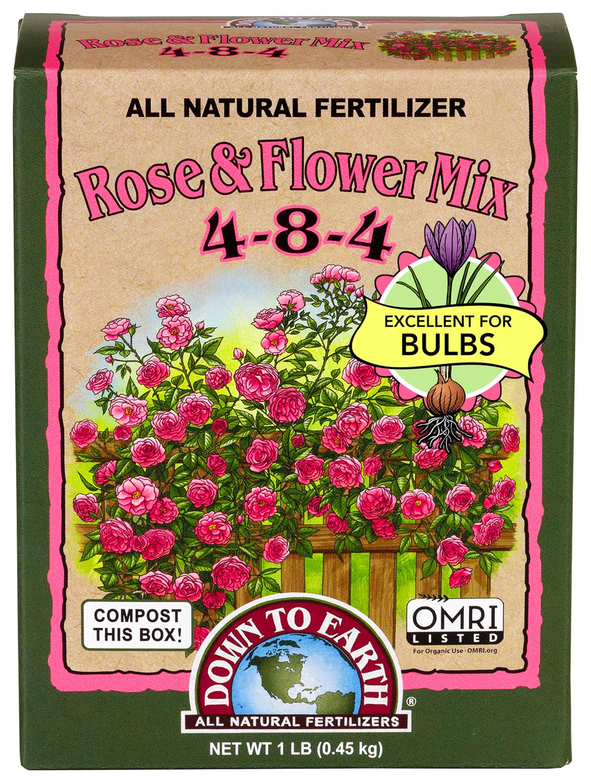 Down To Earth All Natural Fertilizers Organic Rose & Flower Mix - Plant Food for Roses, Bulbs, Flowers and Ornamentals 4-8-4, 1 lb