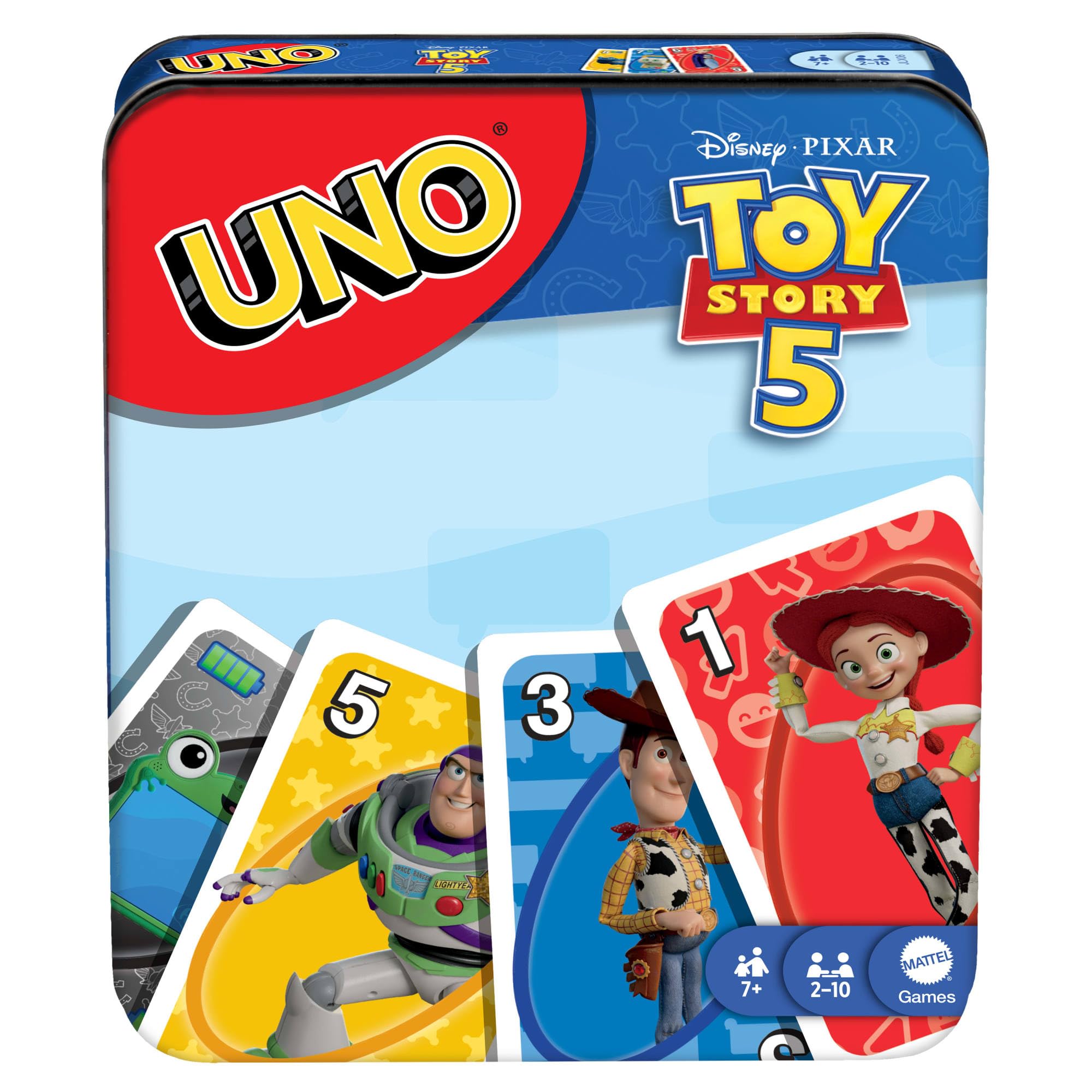Mattel Games UNO Disney Pixar Toy Story 5 Puszka Gra karciana, karty inspirowane filmem, rodzinna i towarzyska gra dla dzieci 7+ i fanów, JLX06