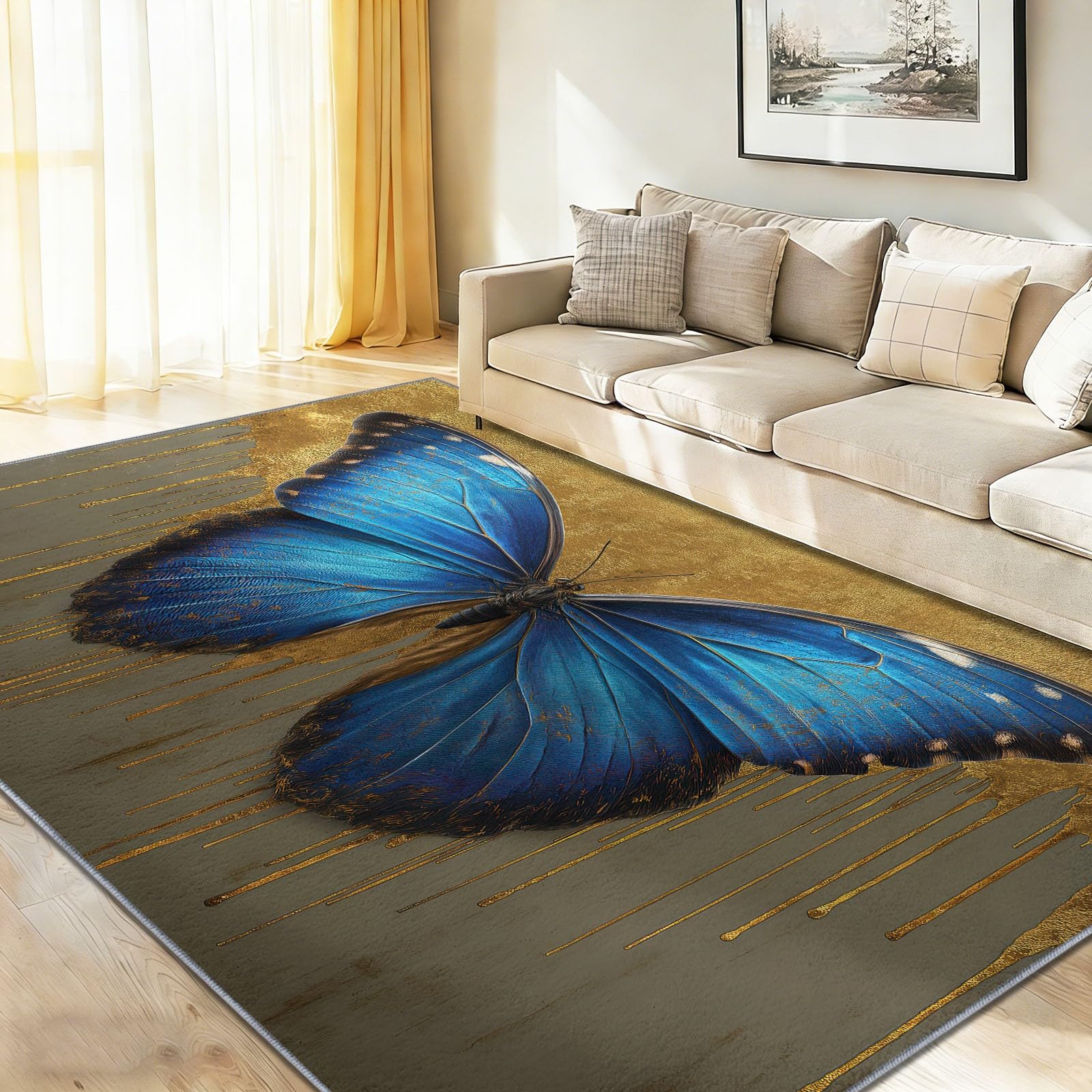 Tapis de salon antidérapant et lavable motif papillon 80x150cm