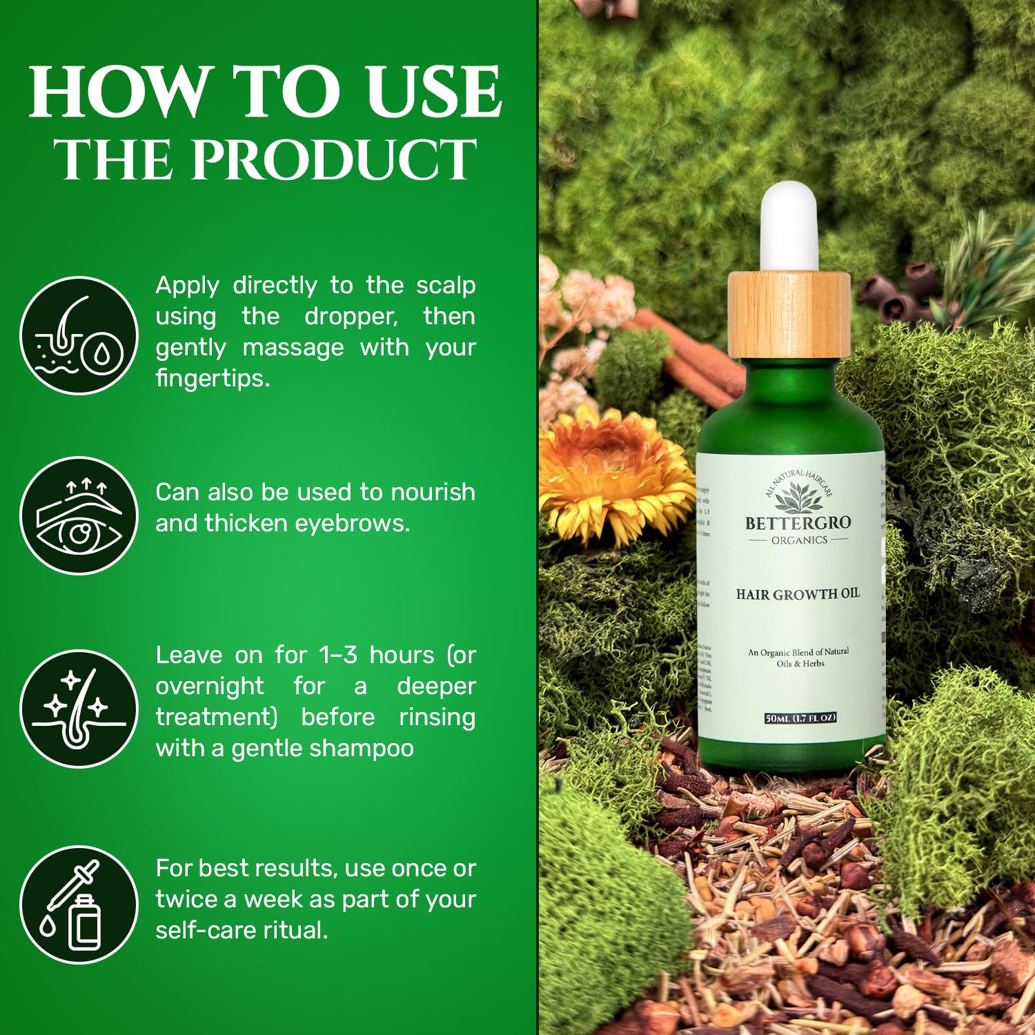 BetterGRO Lujo botánico para tu cabello: nuestro aceite de romero para el crecimiento del cabello es una lujosa mezcla de hierbas orgánicas como romero, semillas negras y amla. Esta infusión de 90