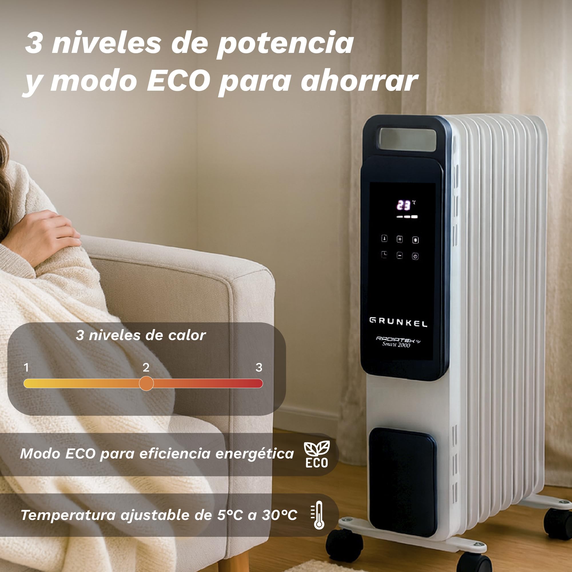 Radiador de Aceite GRUNKEL RD-2500PRO 2500W | 11 Elementos de Calor | Wi-Fi Integrado | Conectividad inteligente | Panel Táctil | Modo ECO | Programación 24H | Protección Antivuelco (2500W)