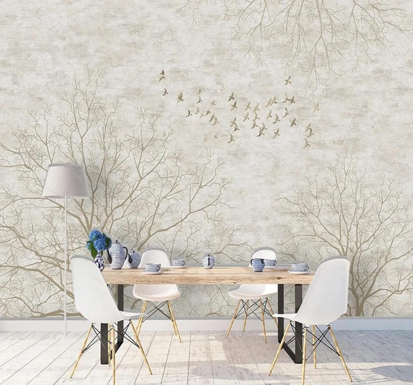 XLMING Retro Style Grey Branches Birds 3D Wallpaper Premium Textured Silk Study Dining Living Room Bedroom Sofa TV Wall Easy Install-400cm×280cm