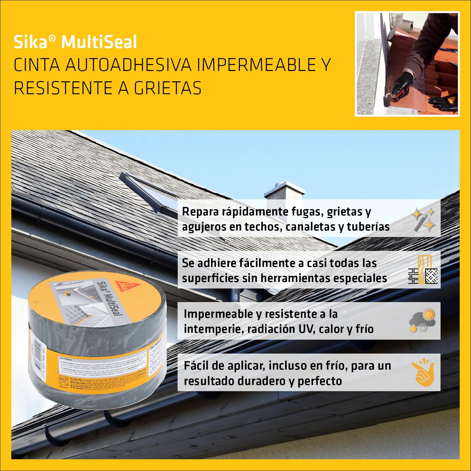 SIKA - Cinta selladora bituminosa - Sika Multiseal - Gris - Para reparación de techos y tejados - Impermeable - Rollo de 100 mm x 10 m