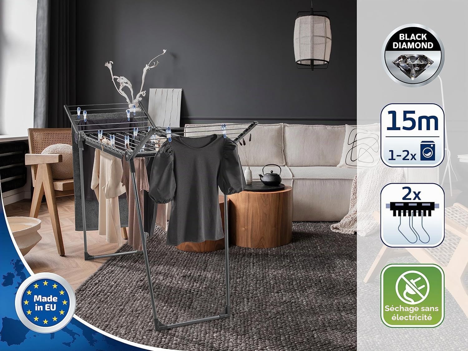 Leifheit Séchoir à linge Pegasus 150 Solid Slim Black, séchoir sur pied grande surface d'étendage, étendoir à linge solide et robuste de taille compacte, séchoir à linge noir