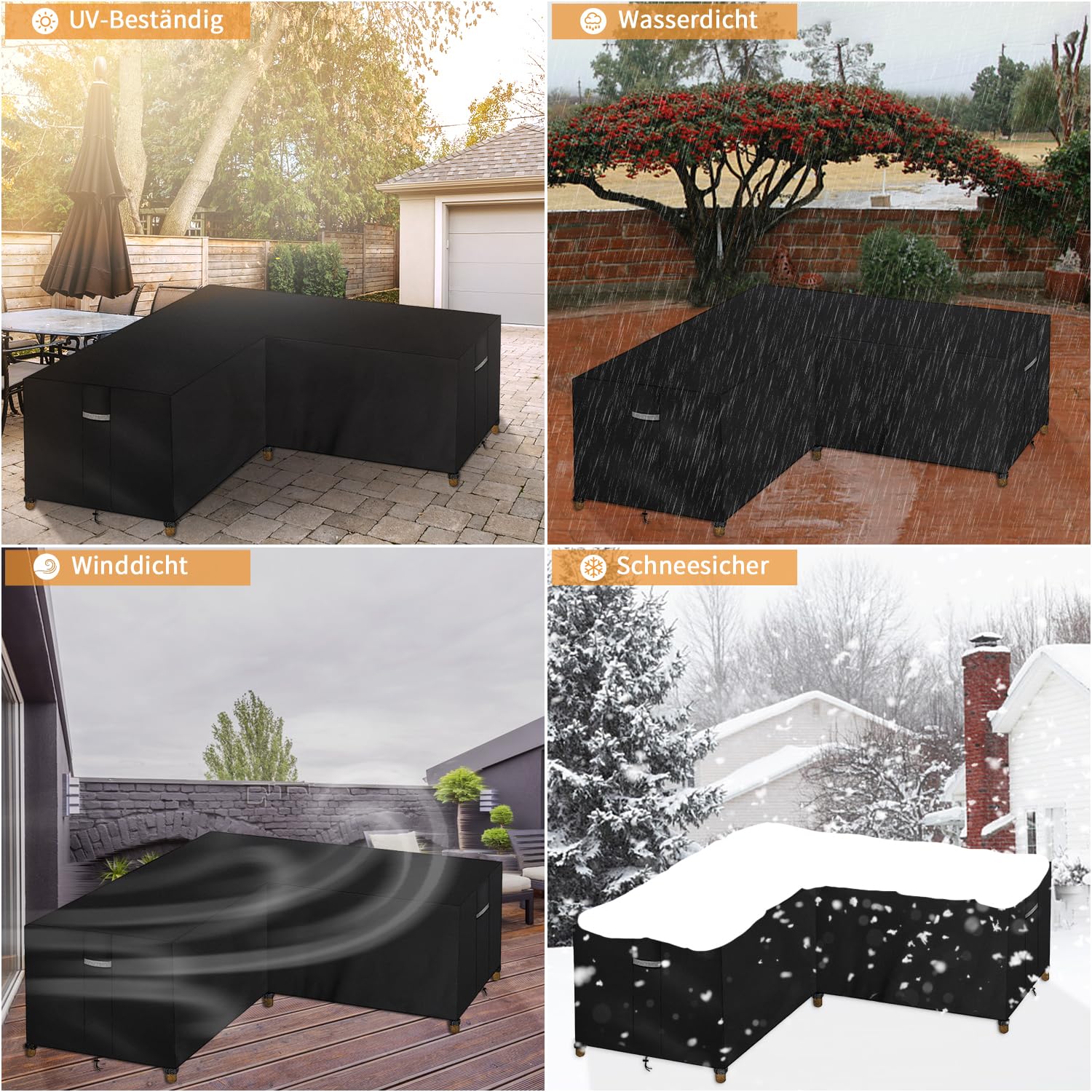 Dokon L-Form Gartenmöbel Abdeckung Wasserdicht Winddicht UV Beständiges Ecksofa Abdeckplane mit Belüftungsöffnungen, Robustes Oxford-Gewebe Schutzhülle für Loungemöbel (250x250x110cm) - Schwarz