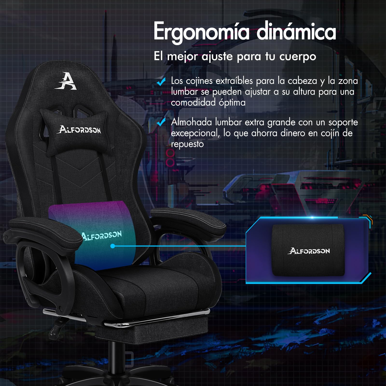 ALFORDSON Silla Gaming con Masaje y LED, Silla Gamer Ergonómica con Cojín Lumbar y Cervical, Reposapiés Telescópico, Iluminación para Ordenador, Videojuego, Juegos, Oficina, Lino(Negra)