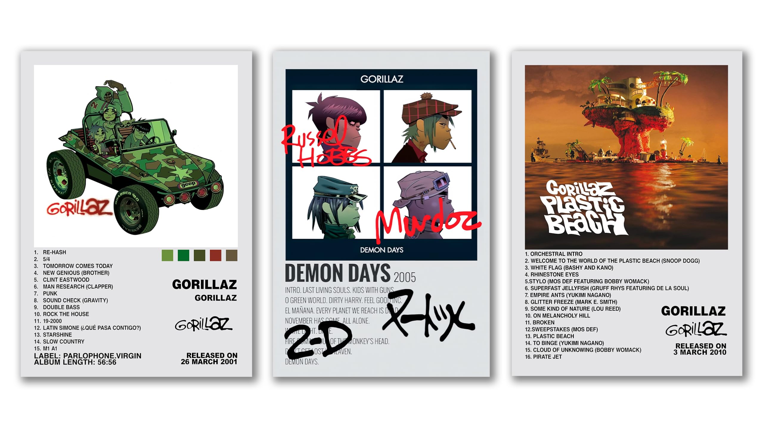 Premium Set of 3 A4 Prints Iconic Music Posters, Gorillaz Album Cover Art Collection, Demon Days, Plastic Beach, Classic Band Artwork Music Room Decor with Track Lists, 29.7 x 21 cm