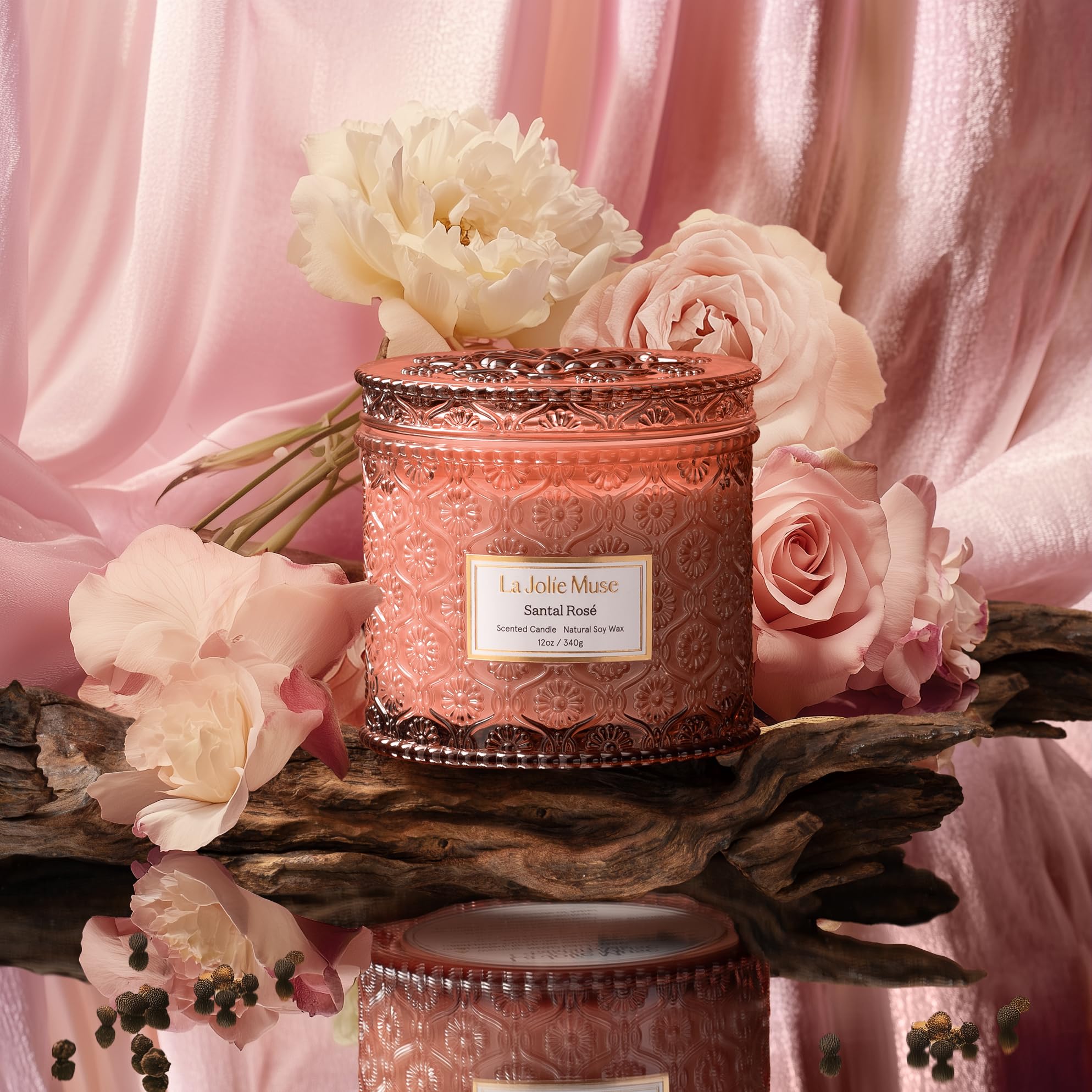LA JOLIE MUSE Sandelholz-Rosé-Kerze, Aroma-Kerzen für zuhause, große 2-Docht-Soja-Kerze, Duftkerze Geschenk, sauber brennende Kerzen, ca.